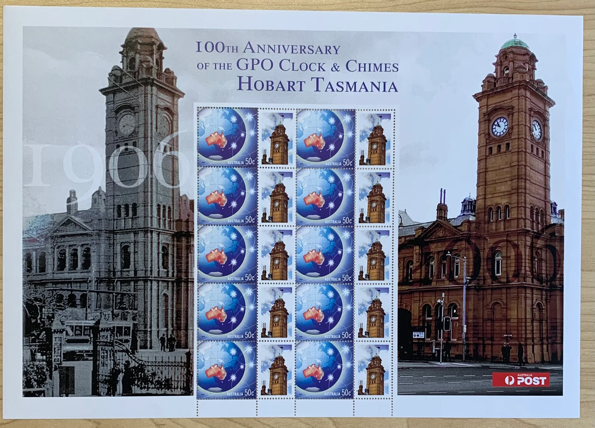 Australia 2006 50c 150th Anniversary of the GPO Clock and Chimes Hobart Tasmania SES stamp sheet.  Limited edition