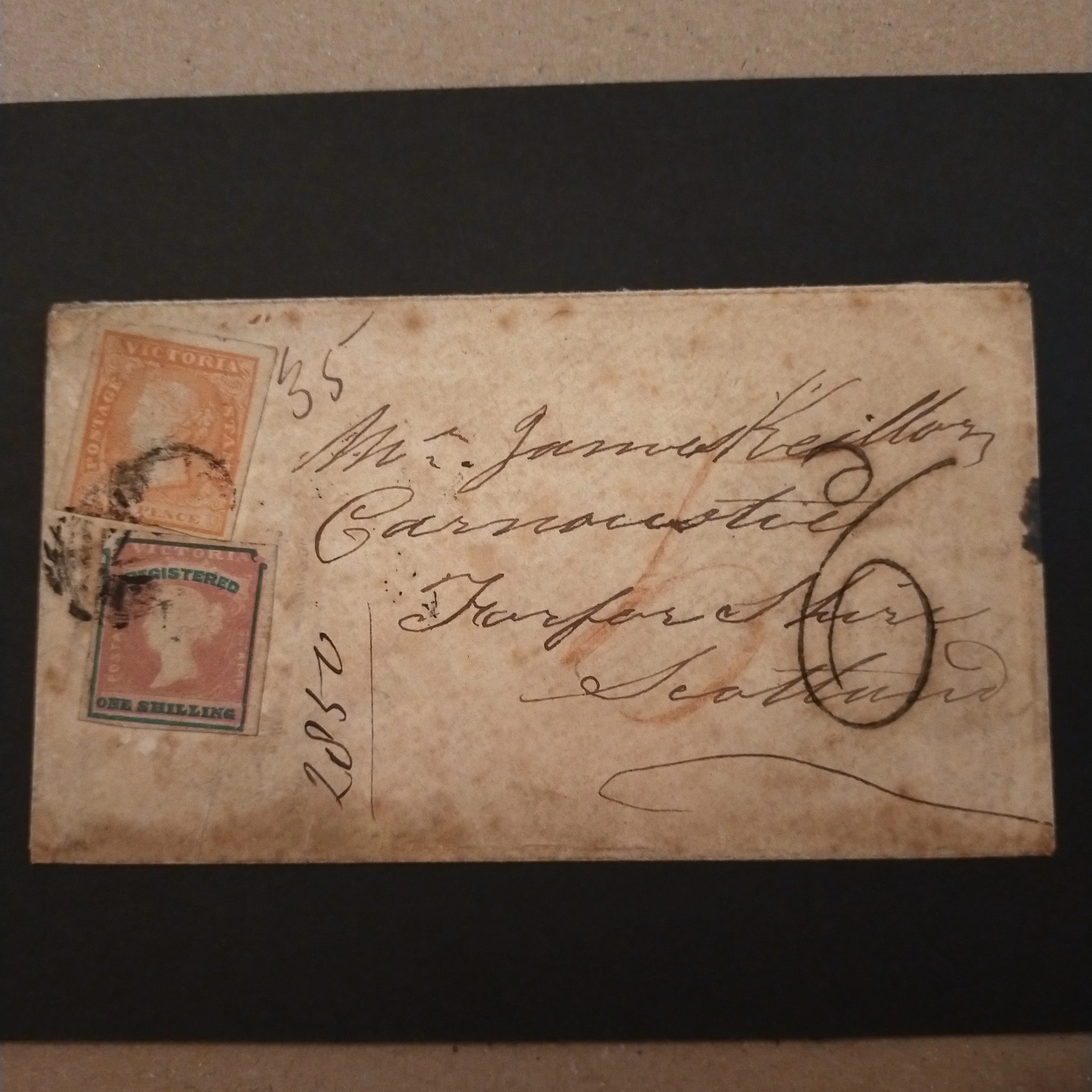 Victoria 1855 Registered Cover From Maryborough to Carnoustie Scotland, franked with 6d Woodblock and 1/- Registered