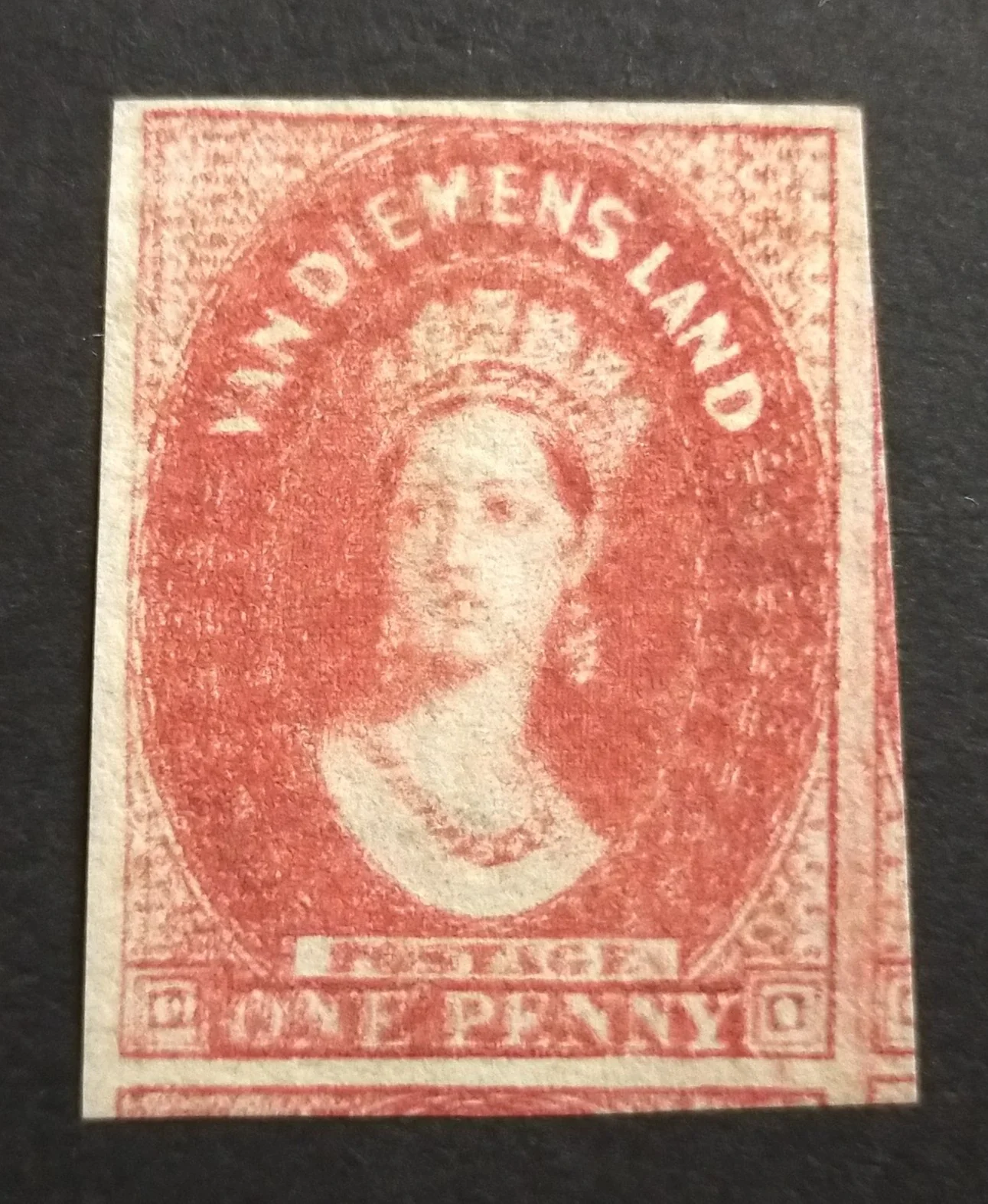 Tasmania 1857-67 Watermark Double-Lined Numerals Imperf 1d Carmine Partial Kiss Print SG 29
