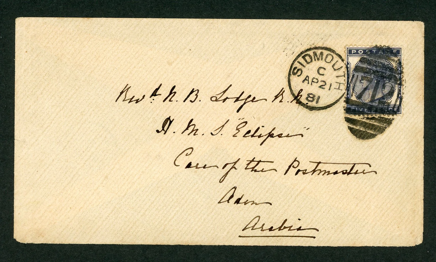 GB Great Britain Aden 1881 (April 21) 5d indigo SG 169 tied by BN 712 duplex of SIDMOUTH