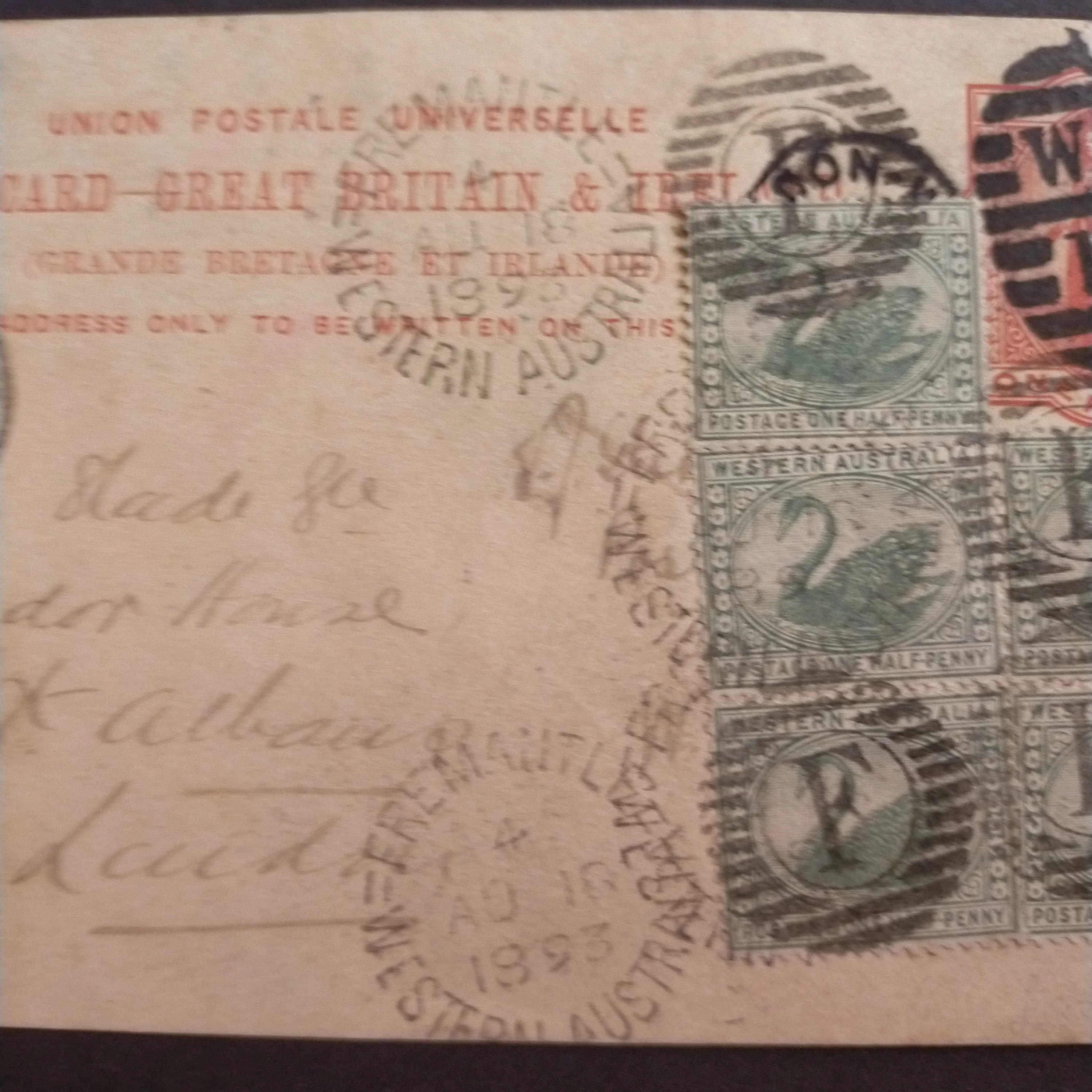 Western Australia 1893 1d GB Postal Card sent from London to Fremantle - Image 4