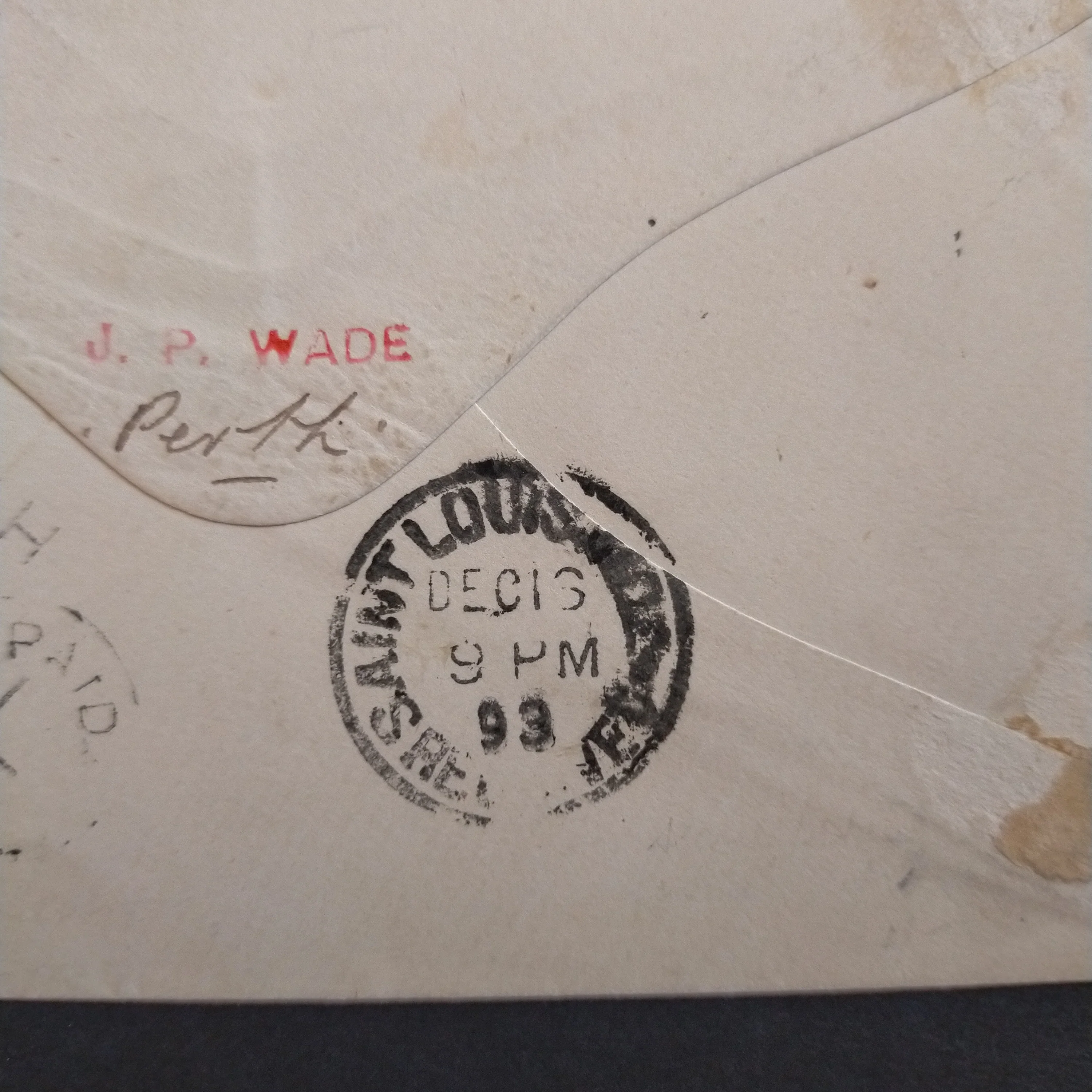 WA Western Australia Australian States 1885-93 Watermark Crown CA 1/2d Green Used with 3d Dull Purple Postal Fiscal on 1893 cover from Perth to St Louis Missouri - Image 5