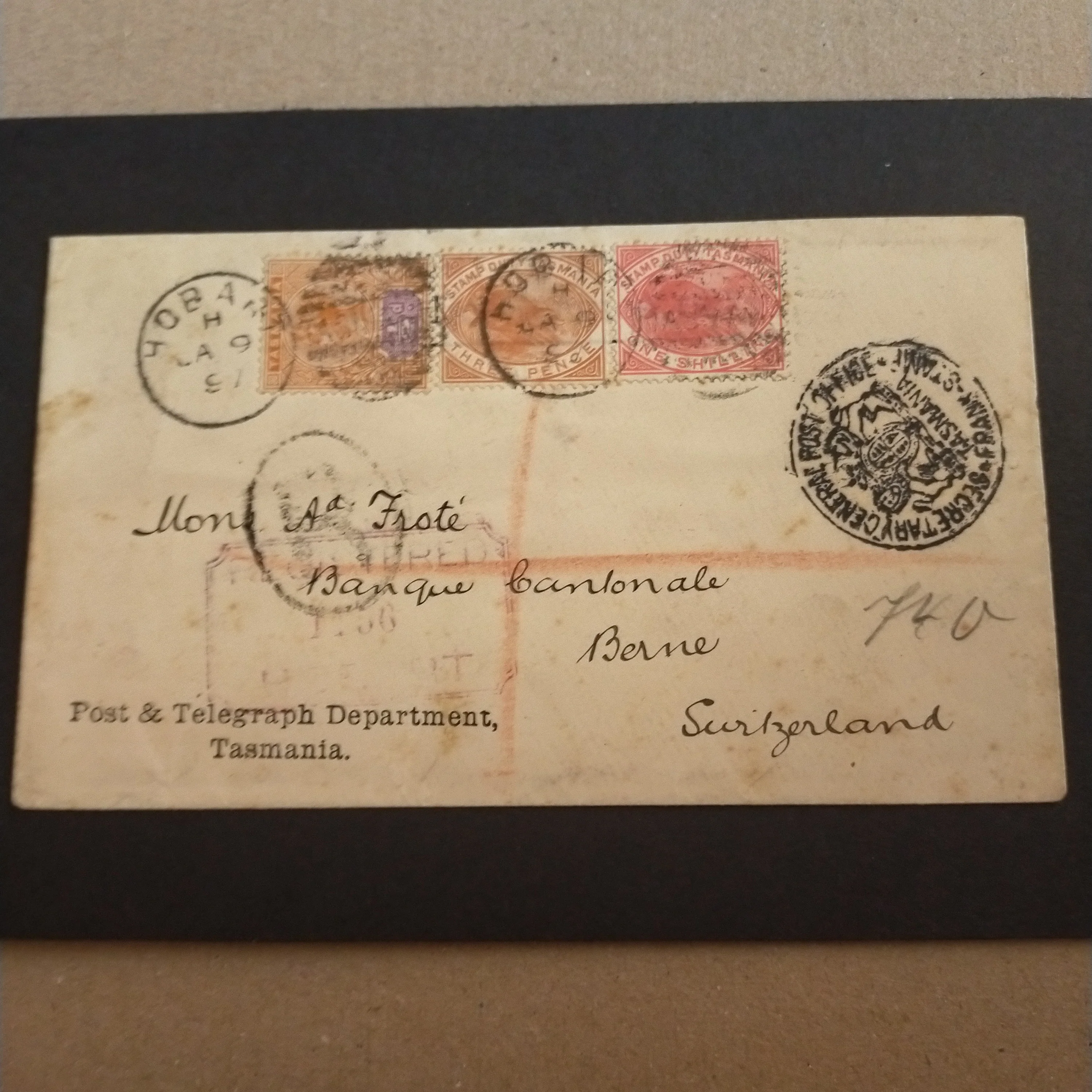 Tasmania Australia 1892-99 Tablets 1/2d Orange and Mauve used with Postal Fiscal 3d Chestnut and 1/- Rosine 'Platypus' Cancelled Hobart Duplex 1897