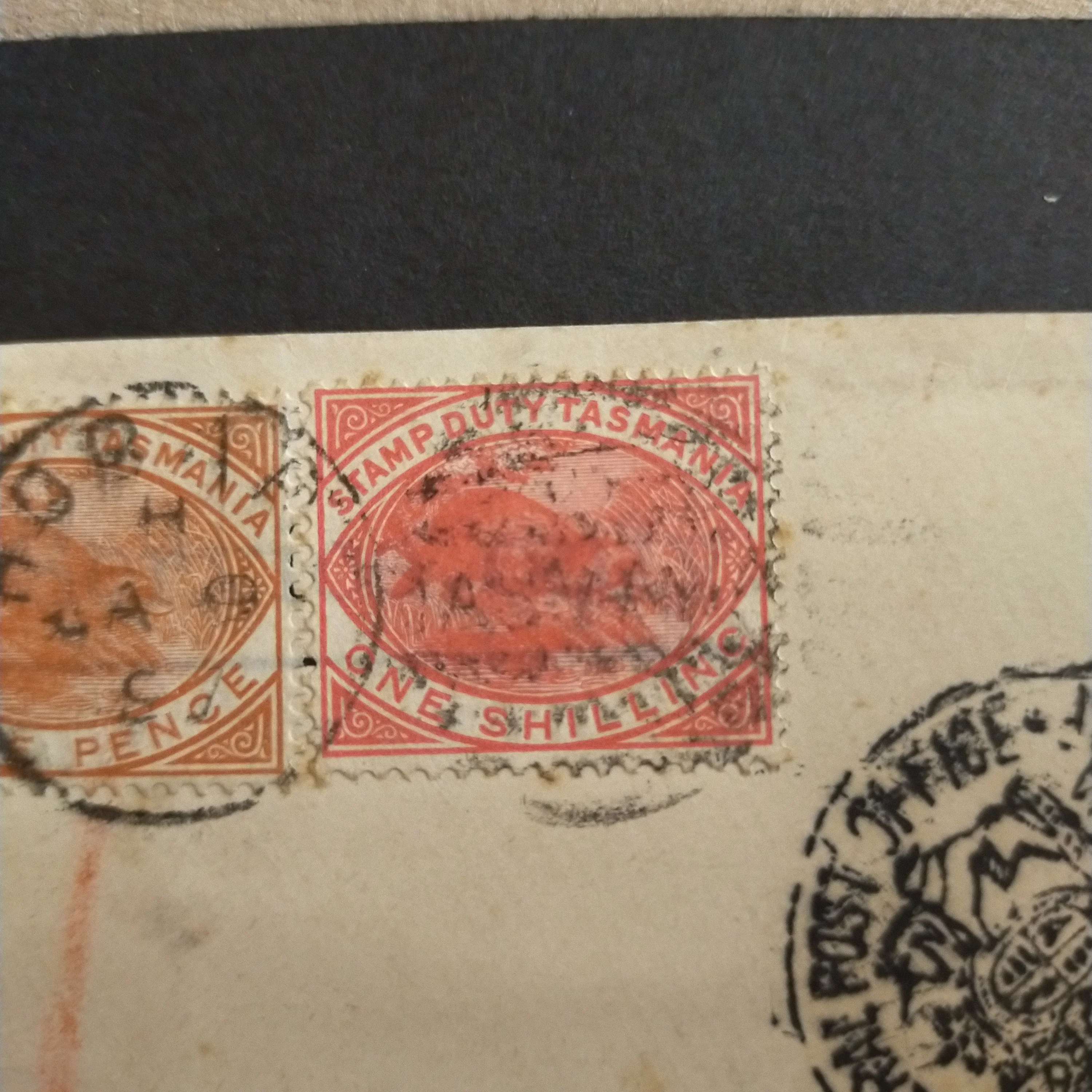 Tasmania Australia 1892-99 Tablets 1/2d Orange and Mauve used with Postal Fiscal 3d Chestnut and 1/- Rosine 'Platypus' Cancelled Hobart Duplex 1897 - Image 5