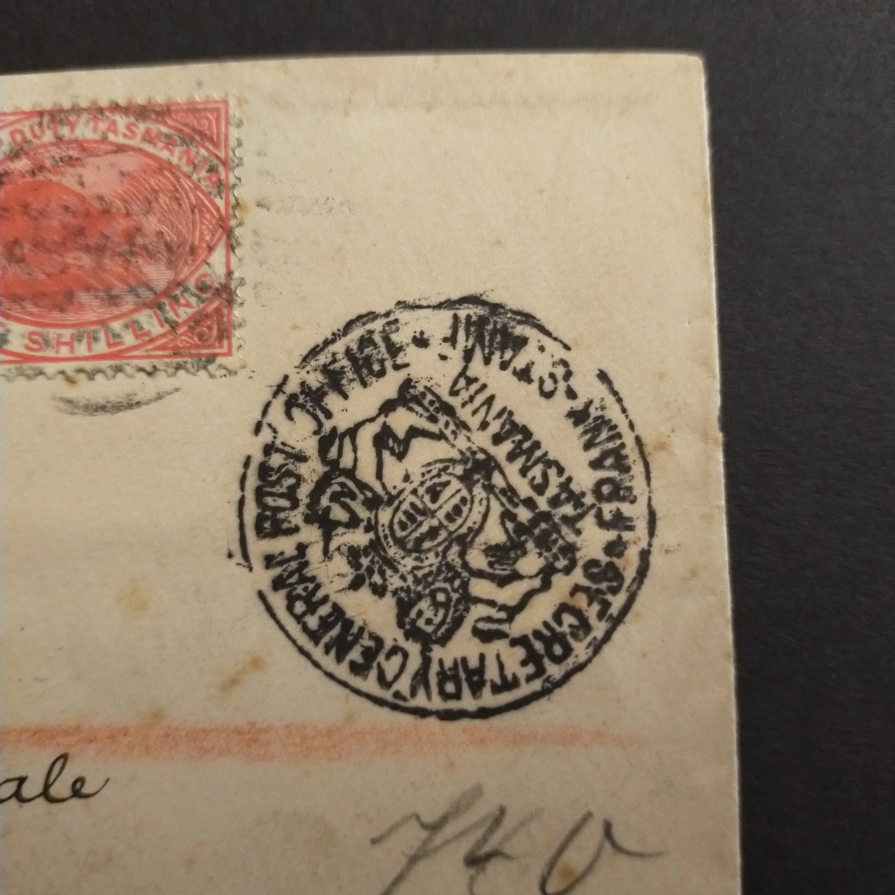 Tasmania Australia 1892-99 Tablets 1/2d Orange and Mauve used with Postal Fiscal 3d Chestnut and 1/- Rosine 'Platypus' Cancelled Hobart Duplex 1897 - Image 6