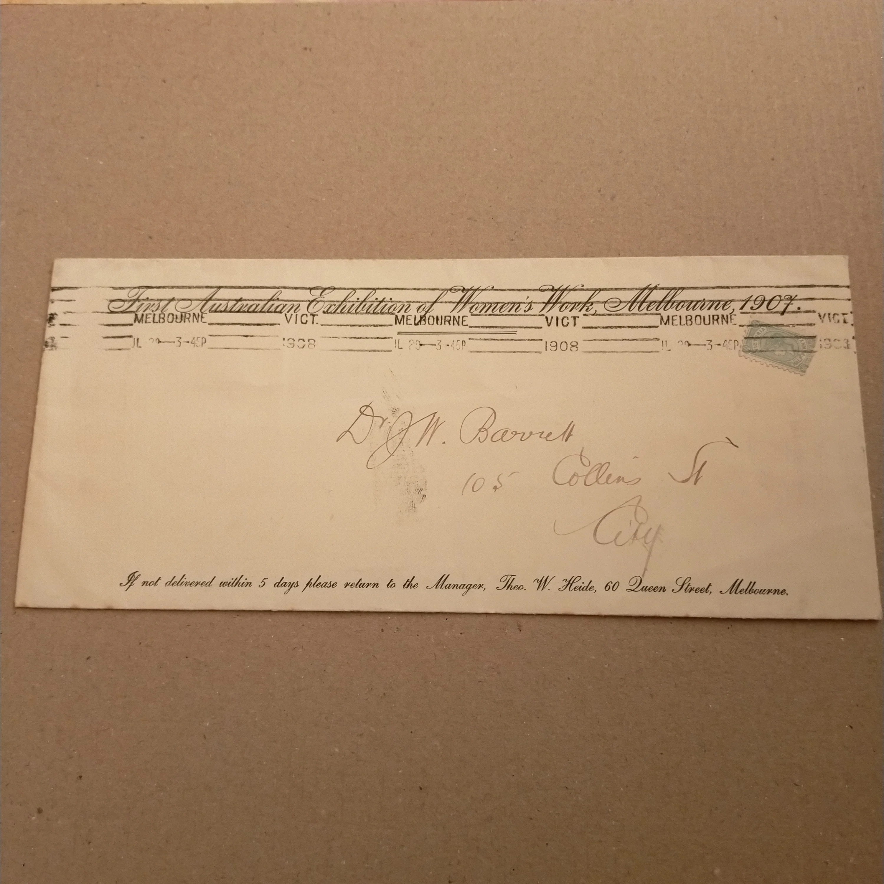 Victoria Australia 1905-13 Watermark Crown over Double-Lined A 1/2d Blue-Green Perf 12 1/2 on 1908 long envelope First Australian Exhibition of Women's Work 1907
