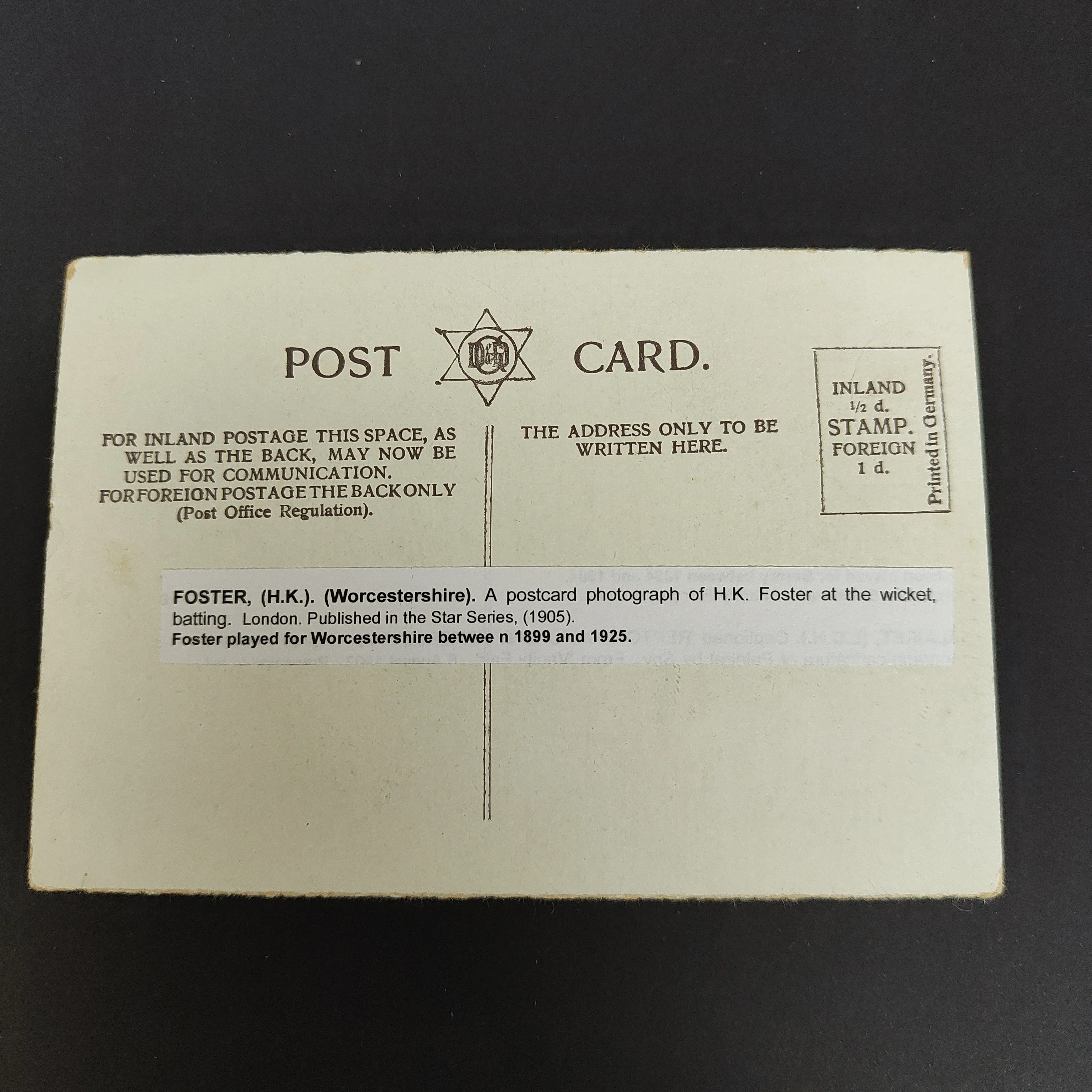 England 1905 Star Series Cricket Photo Postcard H.K. Foster Worcestershire - Image 2