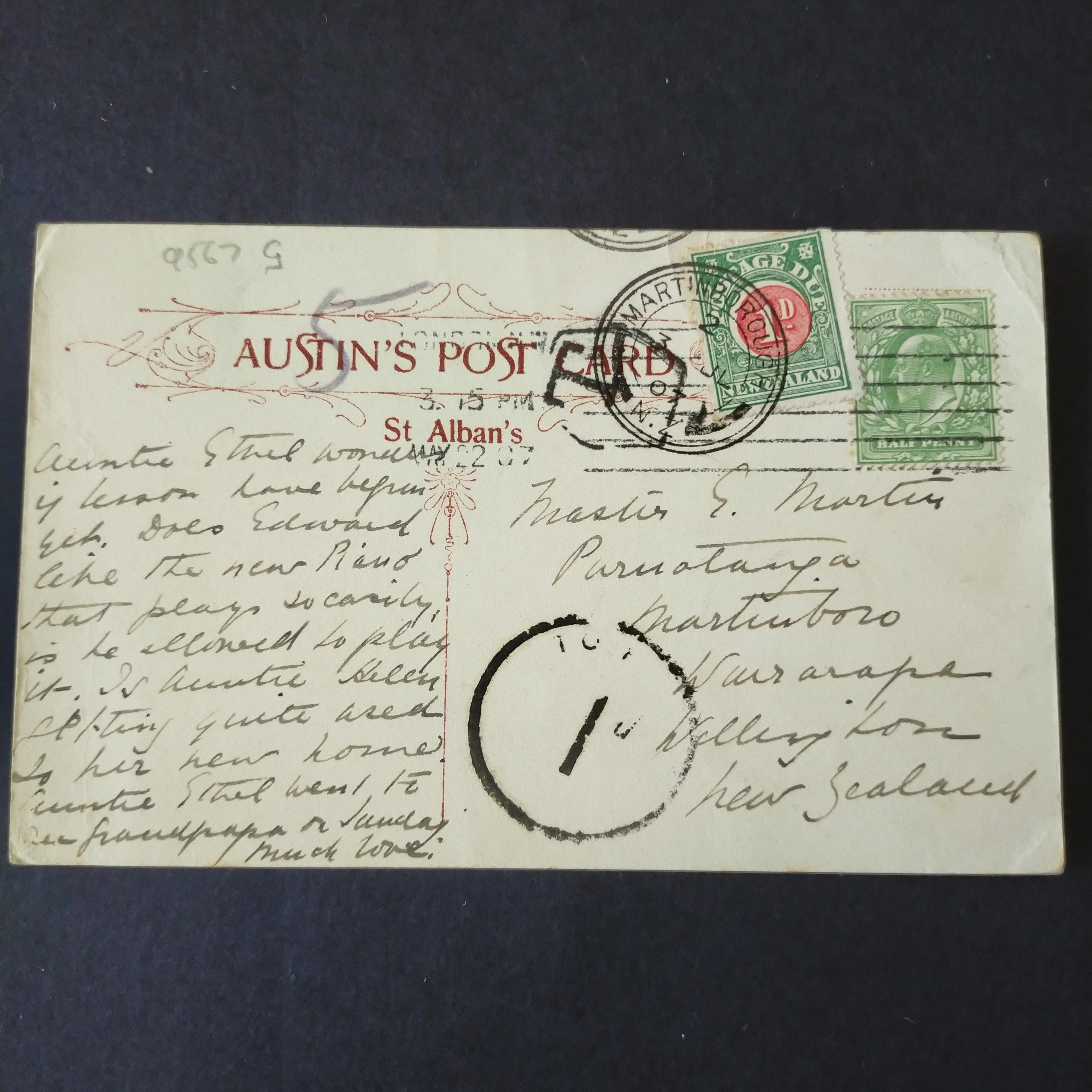 NZ New Zealand 1907 Vintage Postcard St Albans Great Britain UK To Martinborough Wellington KE7 Postage Due