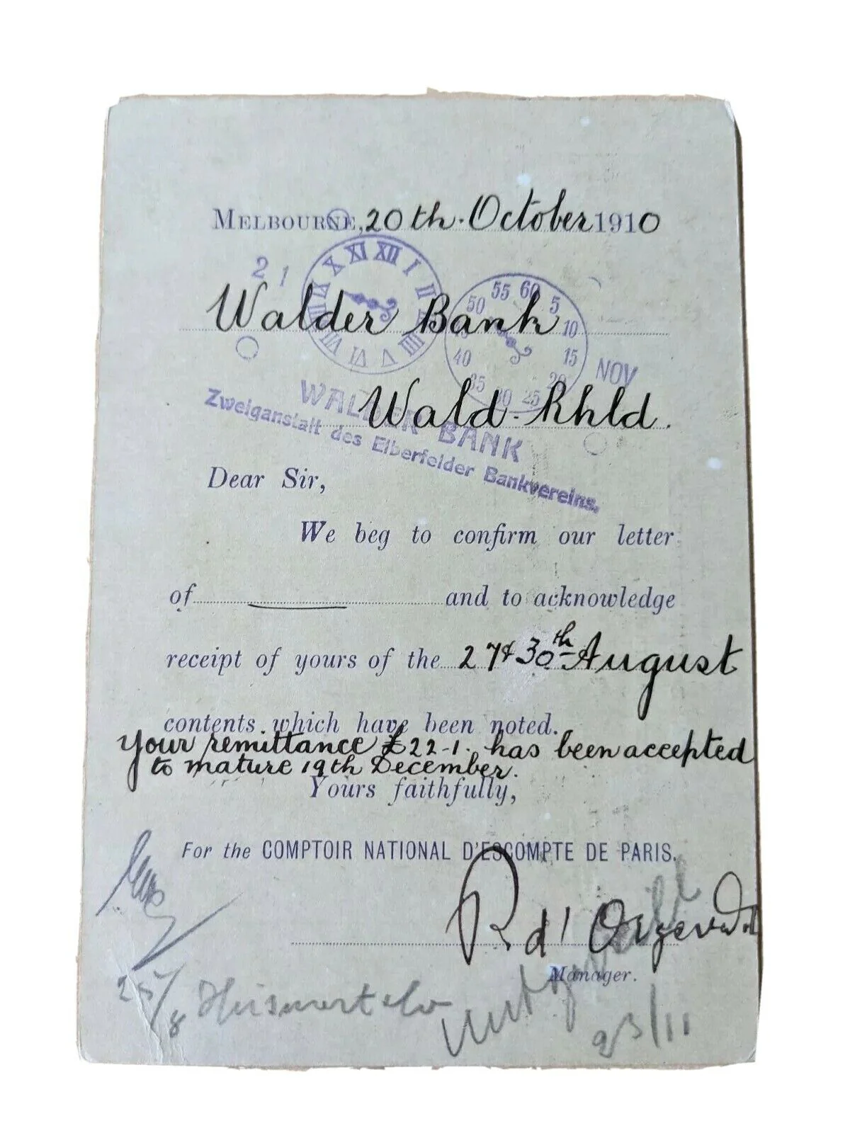 Victoria Australian Colonies 1910 Three Halfpence UPU Post Card sent to Walder Bank Germany PC19 - Image 3