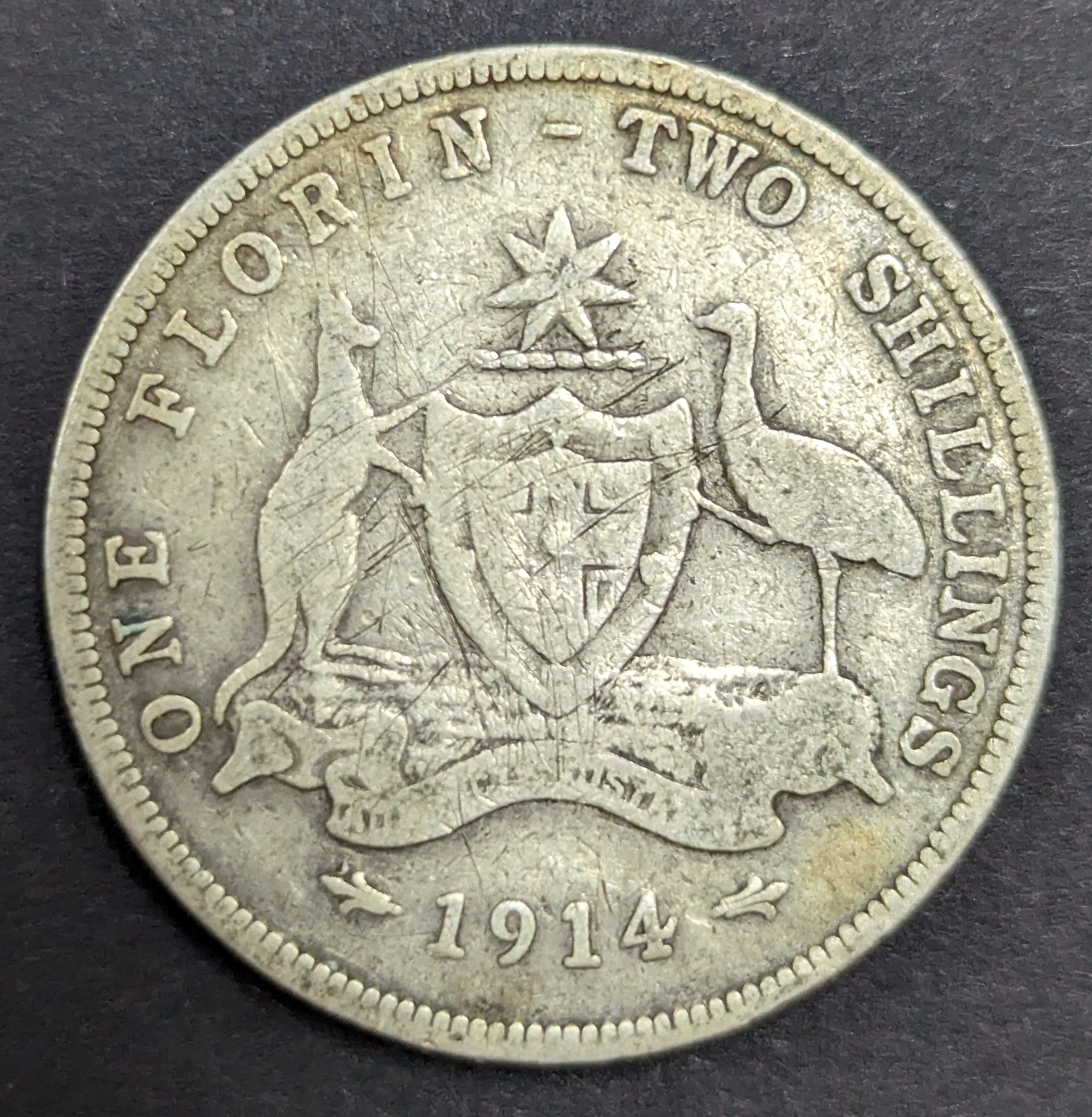 Australia 1914 2/- Florin Silver Coin Very Good Condition