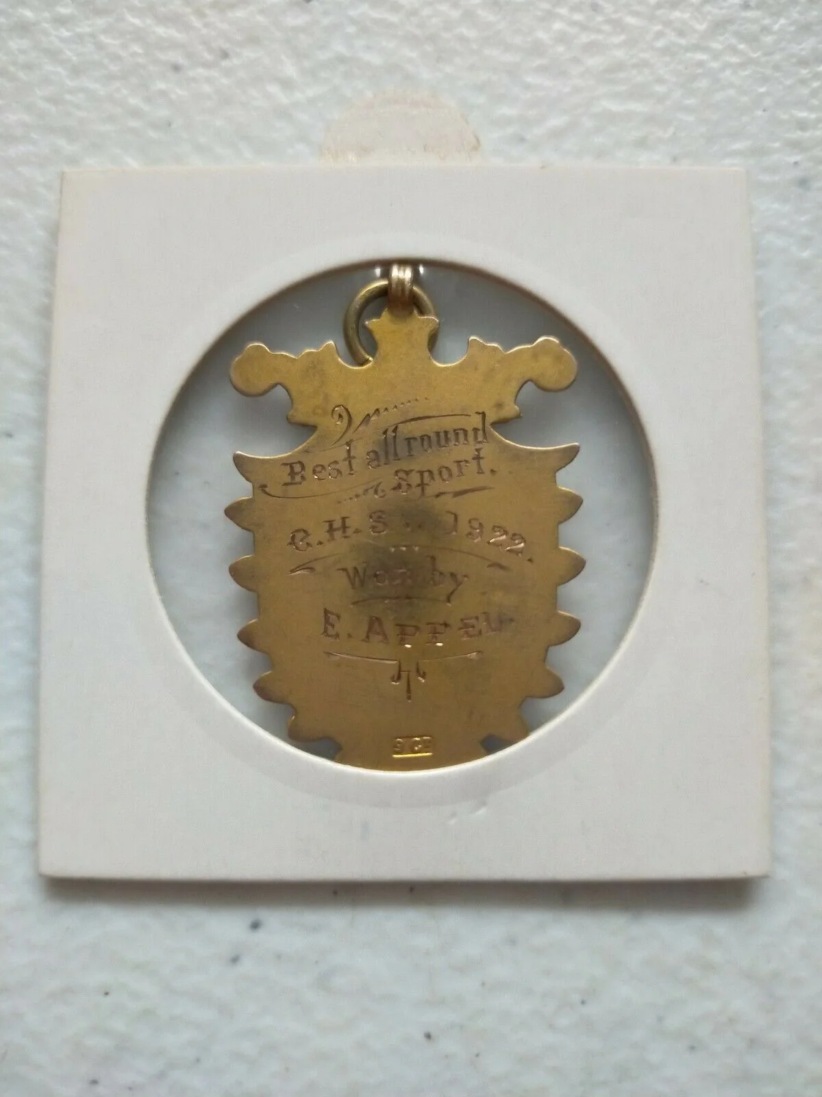 Sport 1922 1.7g Gold Fob "Best All Round Sport G.H.S. Won By E. Appel" Intricately Engraved - Image 2