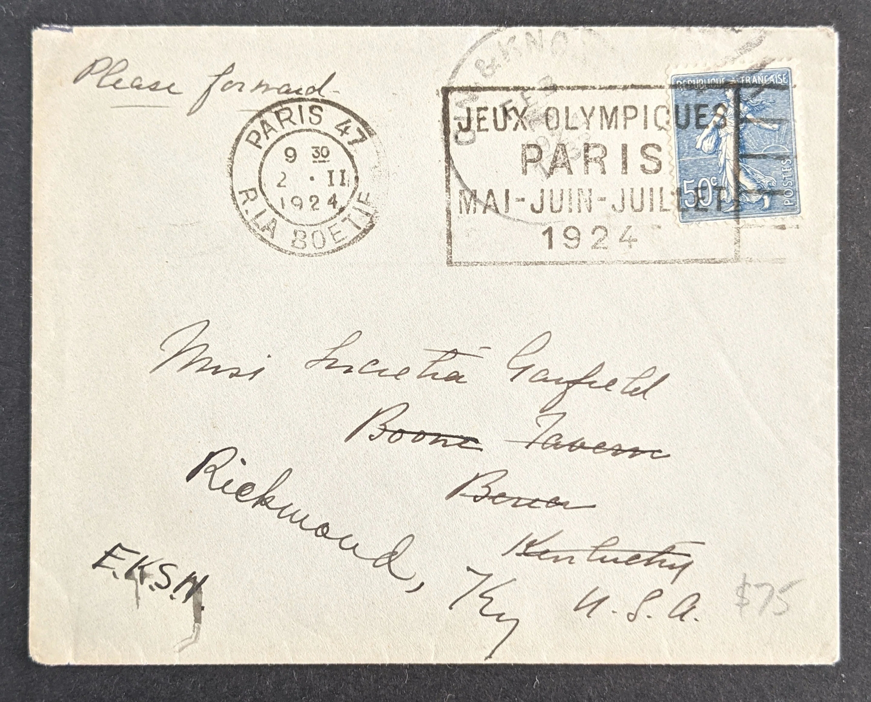 Olympics 1924 Olympic Games Paris France Slogan on Hotel De Crillon Paris Envelope