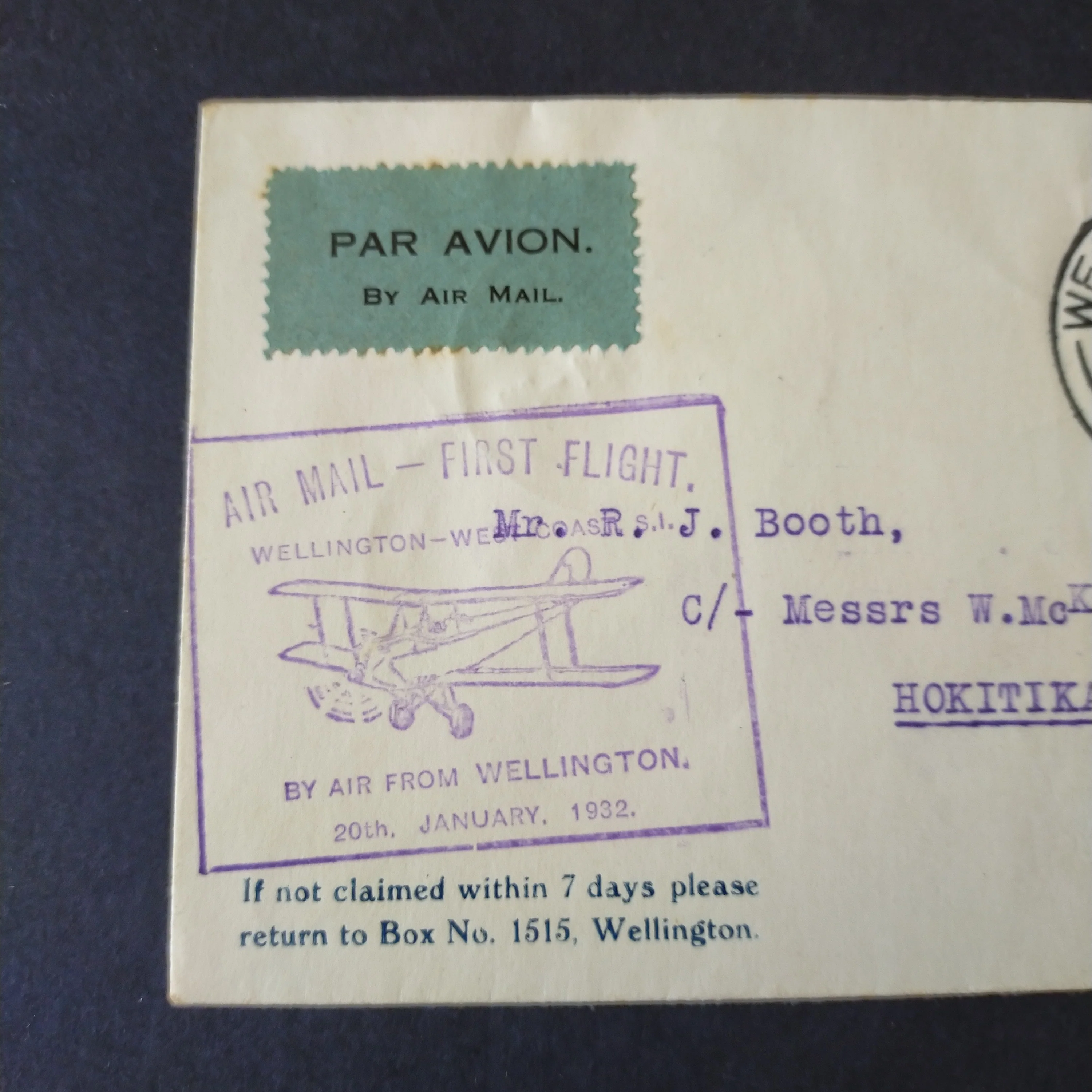 NZ New Zealand 5d Surcharge on 1932 First Flight Wellington - West Coast cover - Image 3