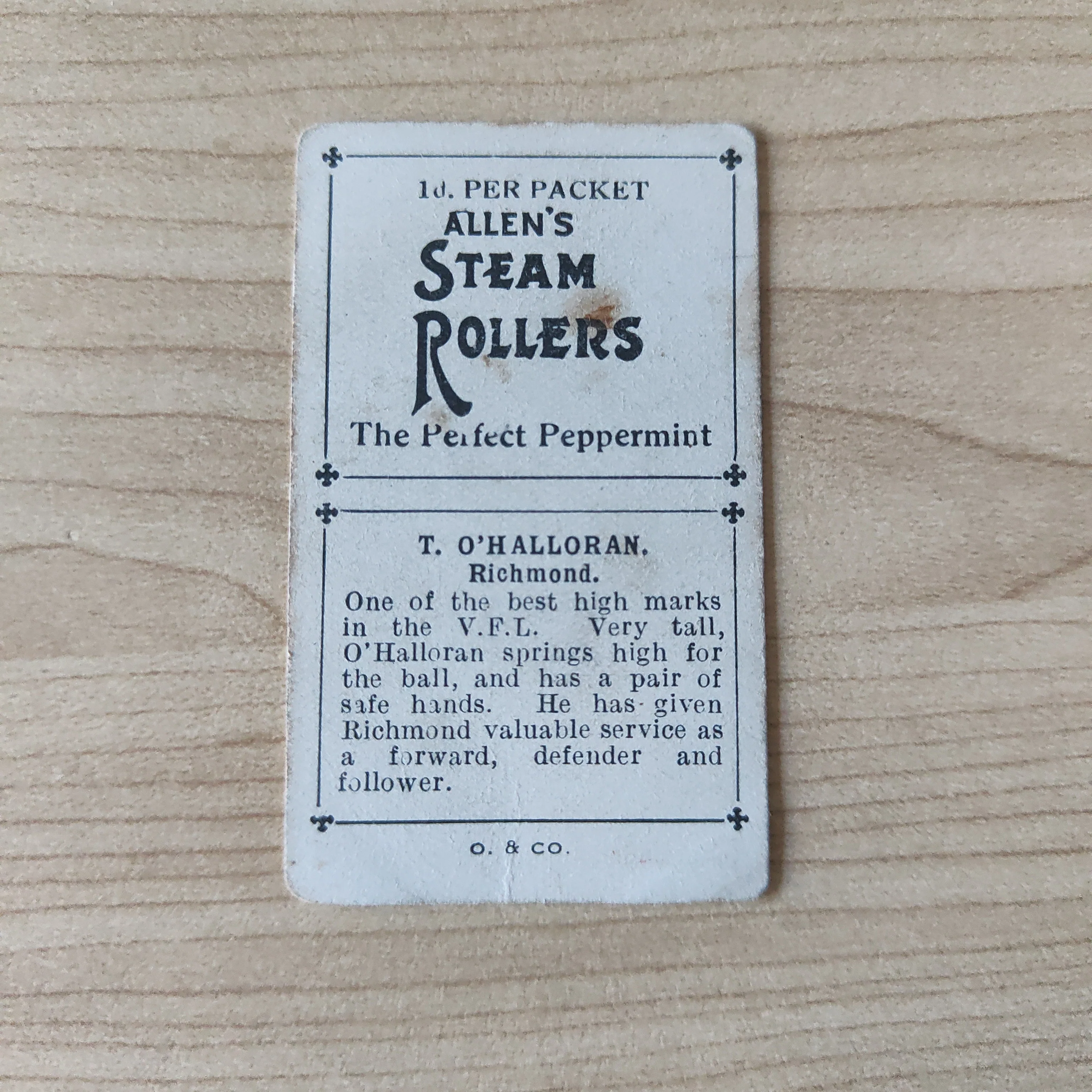 VFL 1934 Football Pennants. T O'Halloran, Richmond. Allen's Trading Card - Image 2