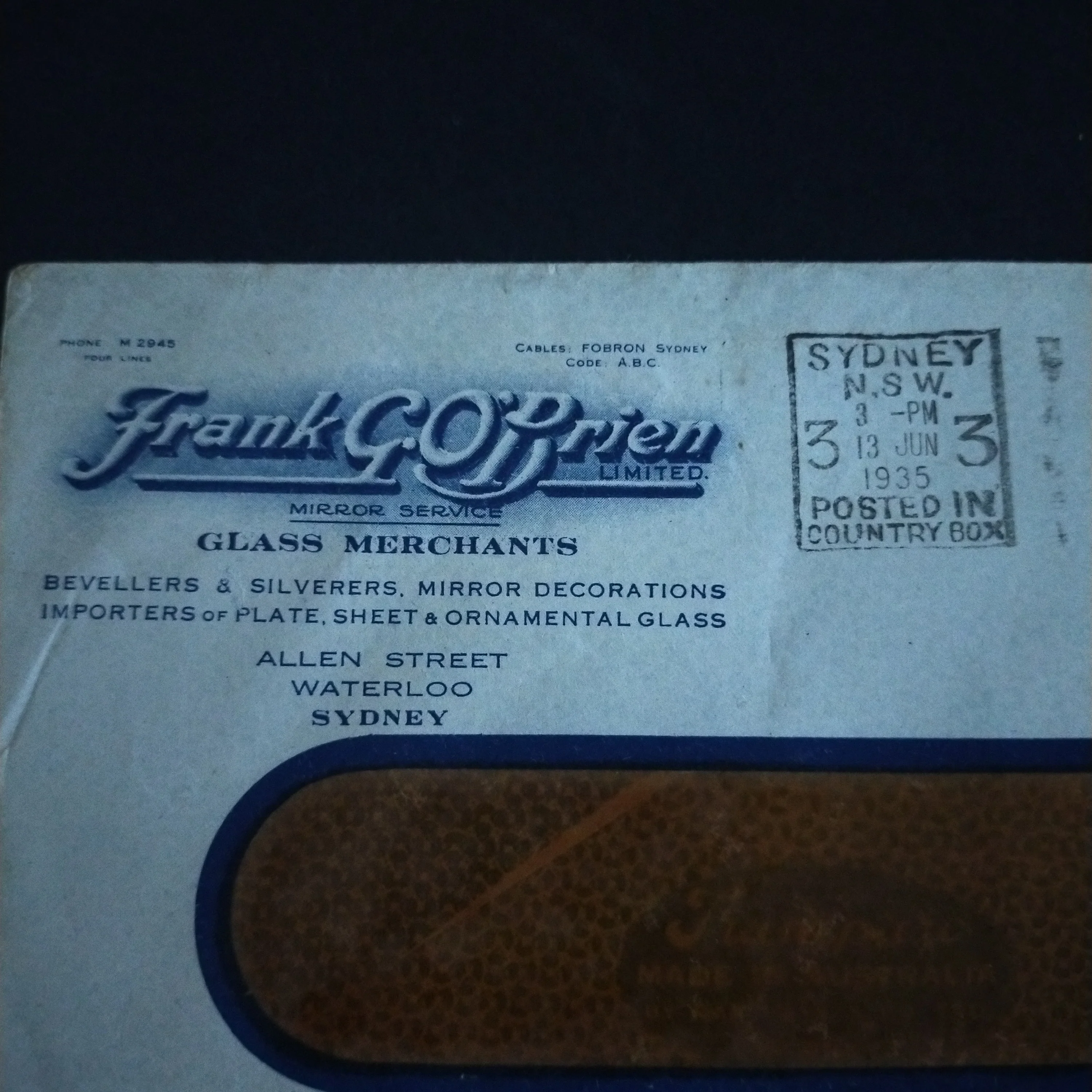 Australia 1935 Printed To Private Order Frank G O'Brien Ltd Glass Merchants Advertisement Envelope Posted in Sydney Clear Panel Envelope - Image 4