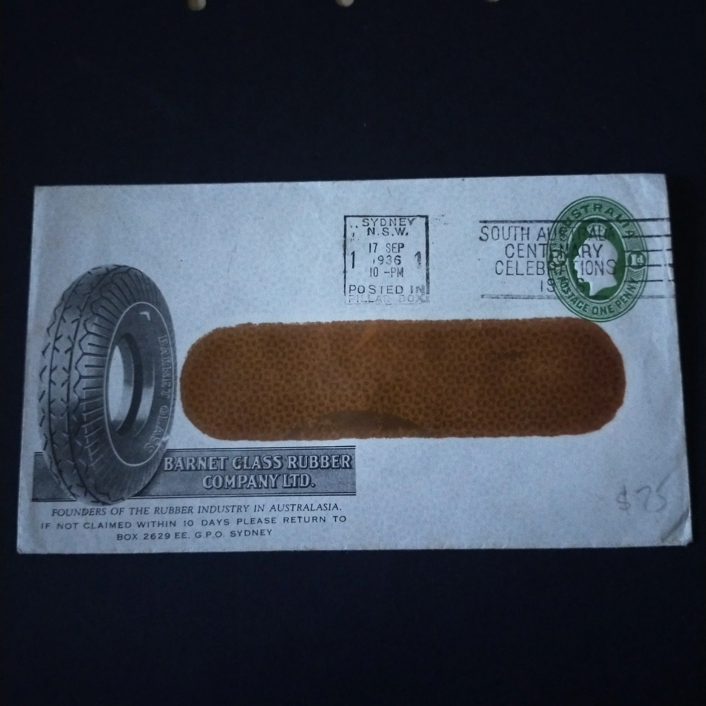 Australia 1936 Printed To Private Order Barnet Glass Rubber Company Ltd Advertisement Envelope Posted in Sydney Clear Panel Envelope
