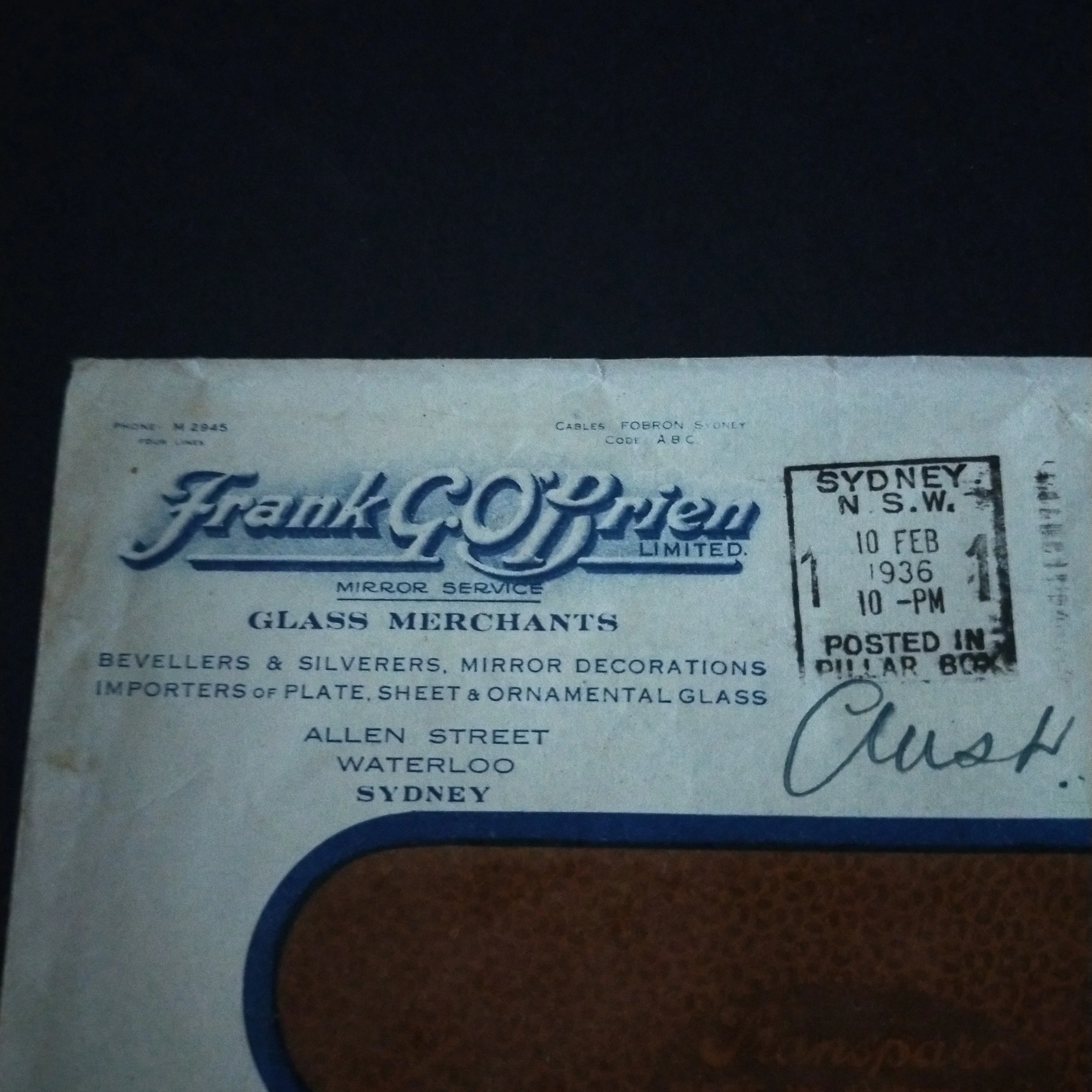 Australia 1936 Printed To Private Order Frank G O'Brien Ltd Glass Merchants Advertisement Envelope Posted in Sydney Clear Panel Envelope - Image 3