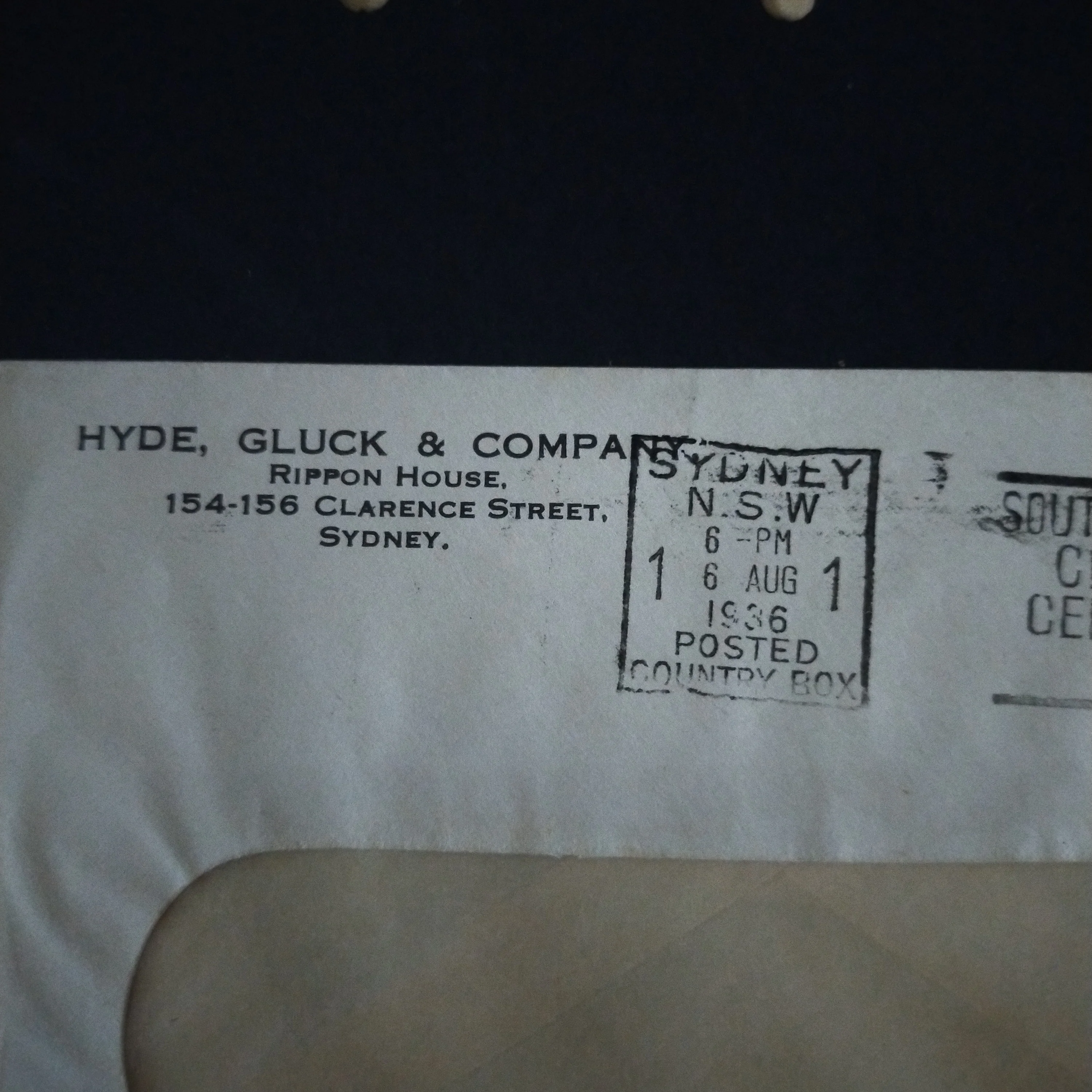 Australia 1936 Printed To Private Order Hyde, Gluck & Company Advertisement Envelope Posted in Sydney Clear Panel Envelope - Image 4