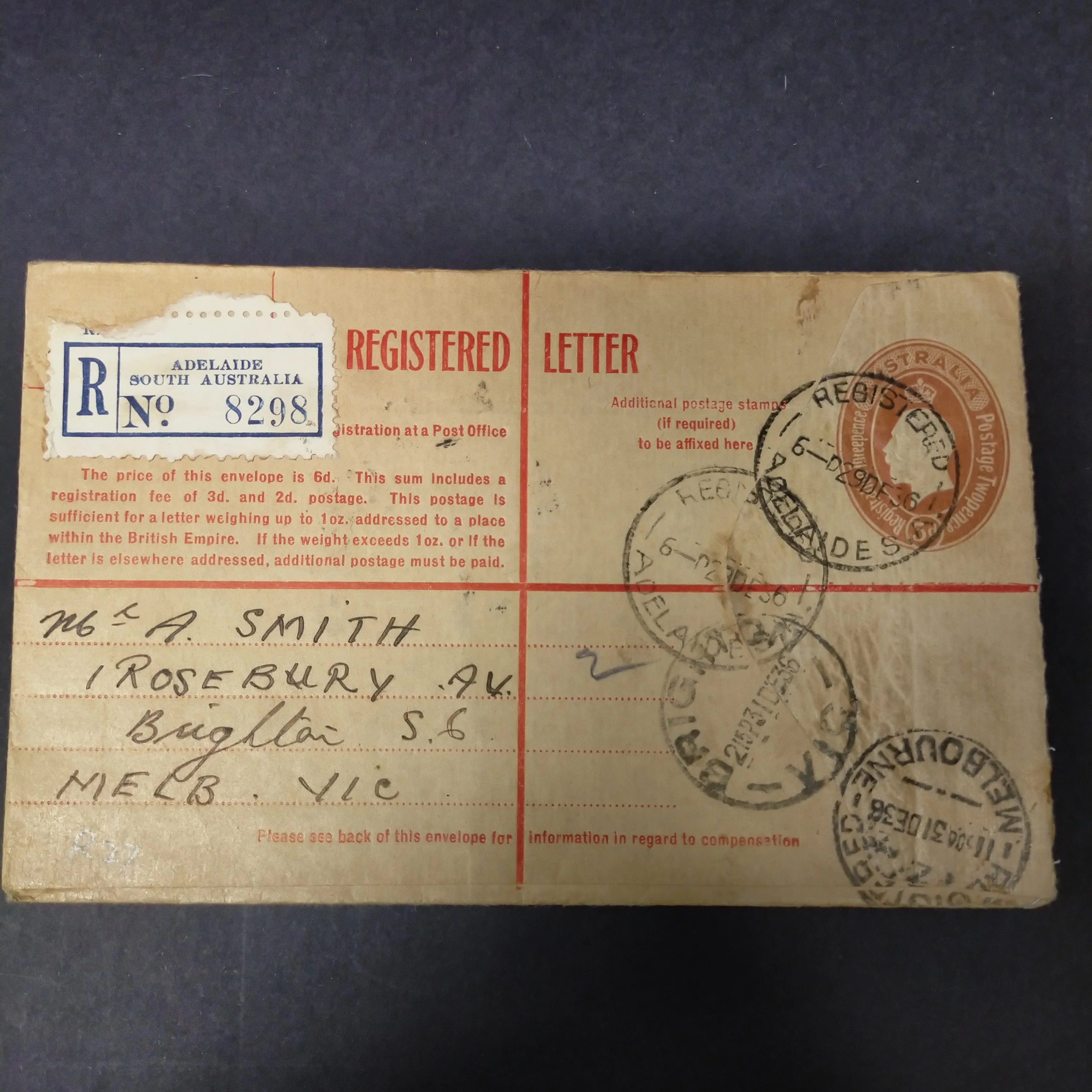 Australia 1936 Registered Envelope 5d KGV Oval Embossed Stamp From Adelaide to Brighton