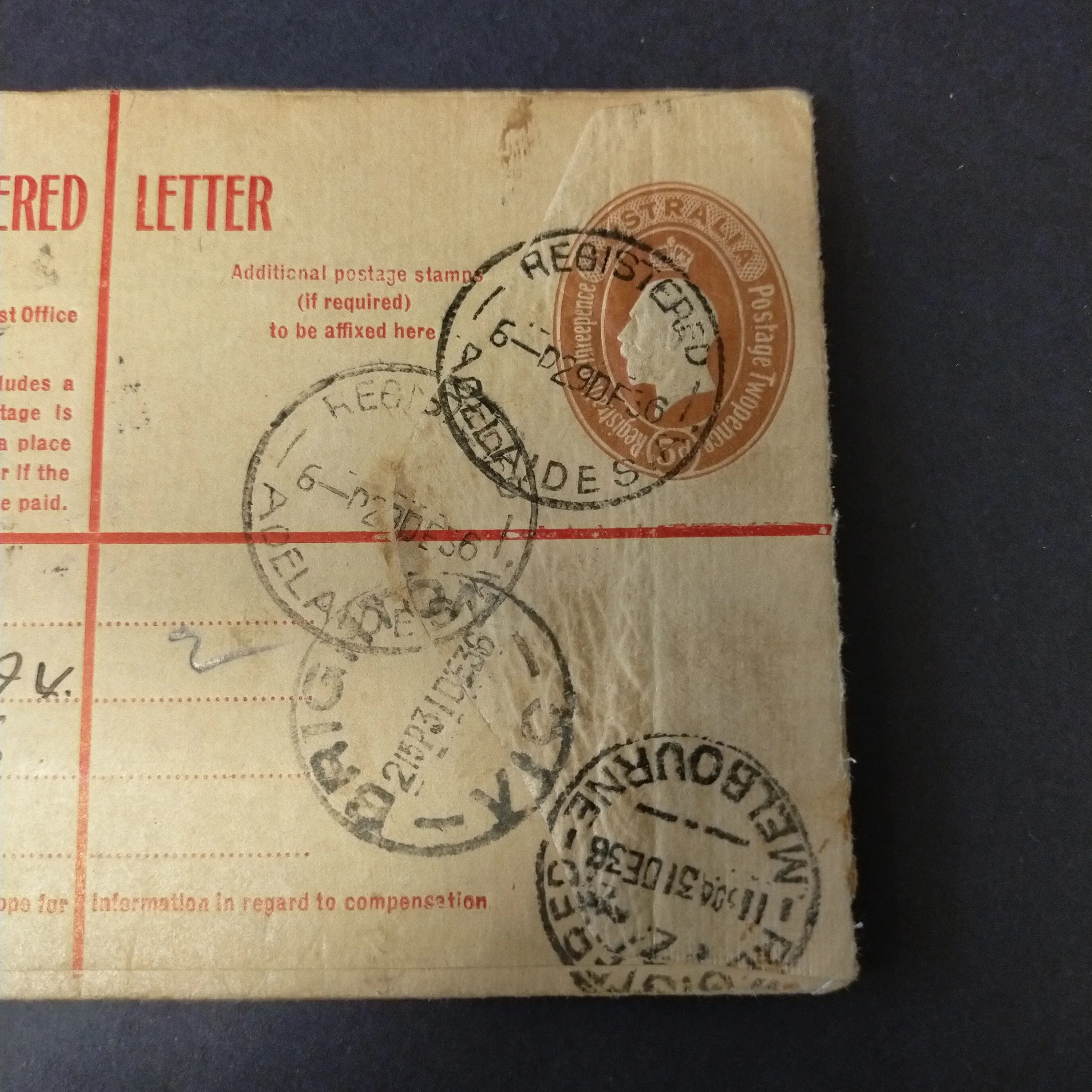 Australia 1936 Registered Envelope 5d KGV Oval Embossed Stamp From Adelaide to Brighton - Image 3