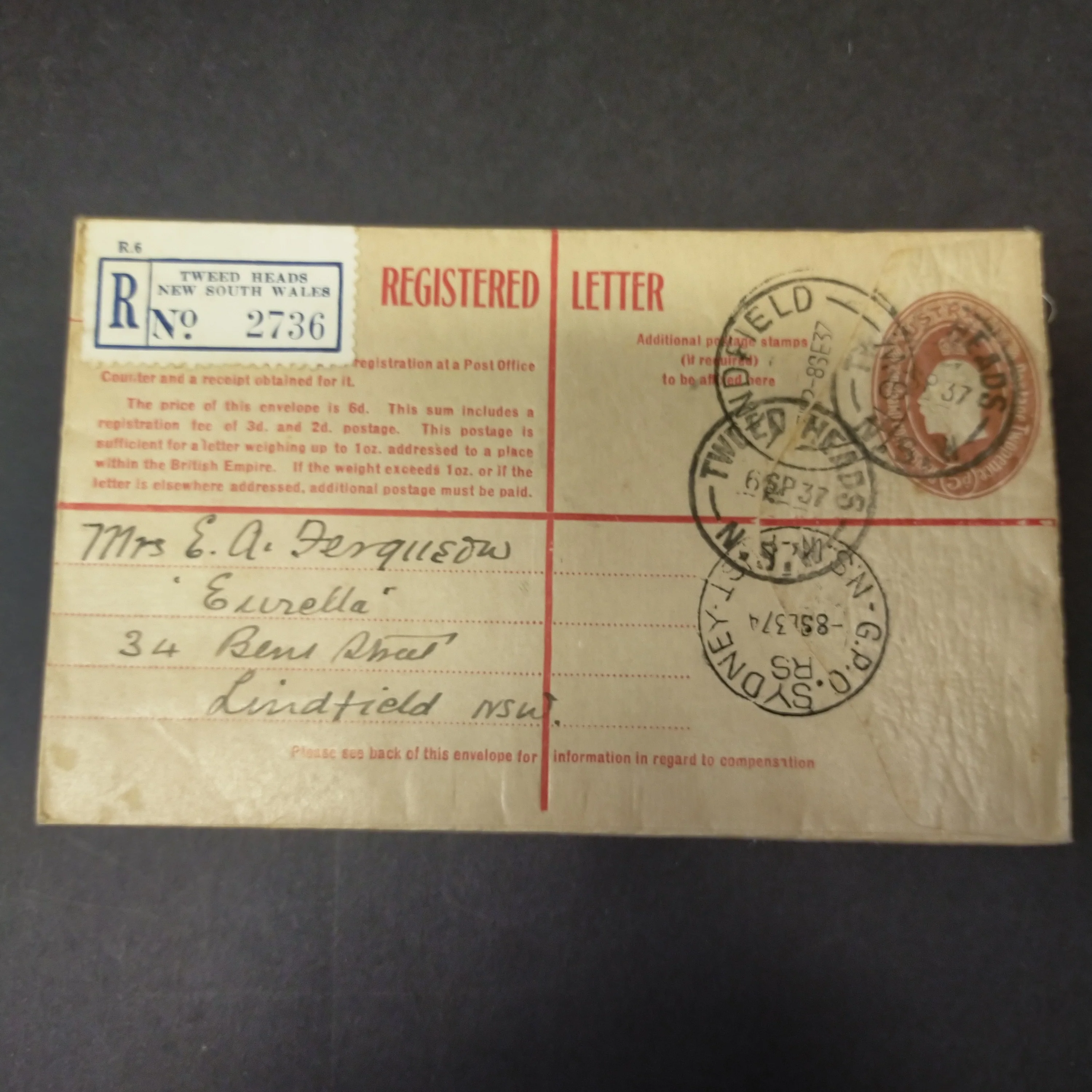 Australia 1937 Registered Envelope 5d KGV Oval Embossed Stamp From Tweed Heads to Lindfield