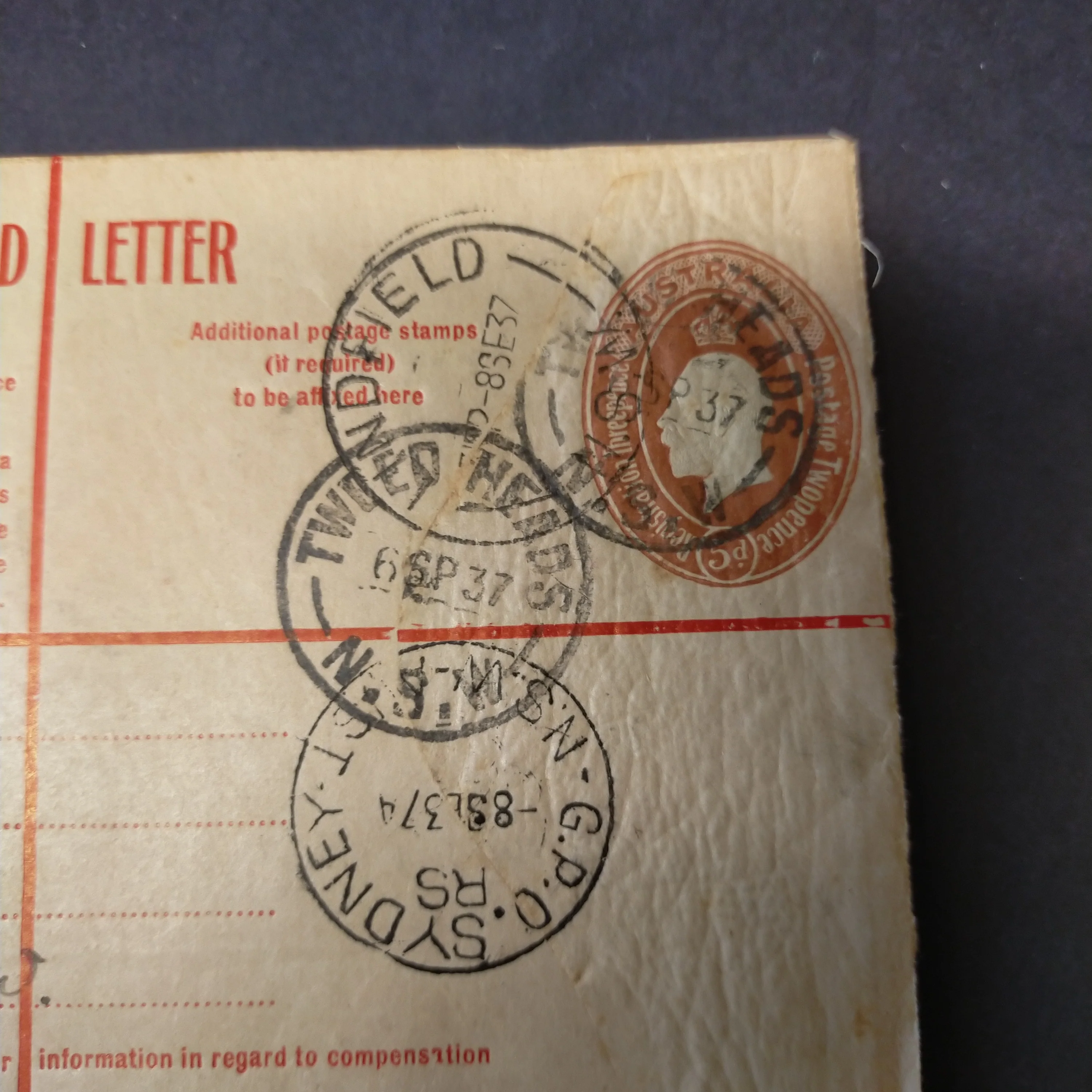 Australia 1937 Registered Envelope 5d KGV Oval Embossed Stamp From Tweed Heads to Lindfield - Image 3