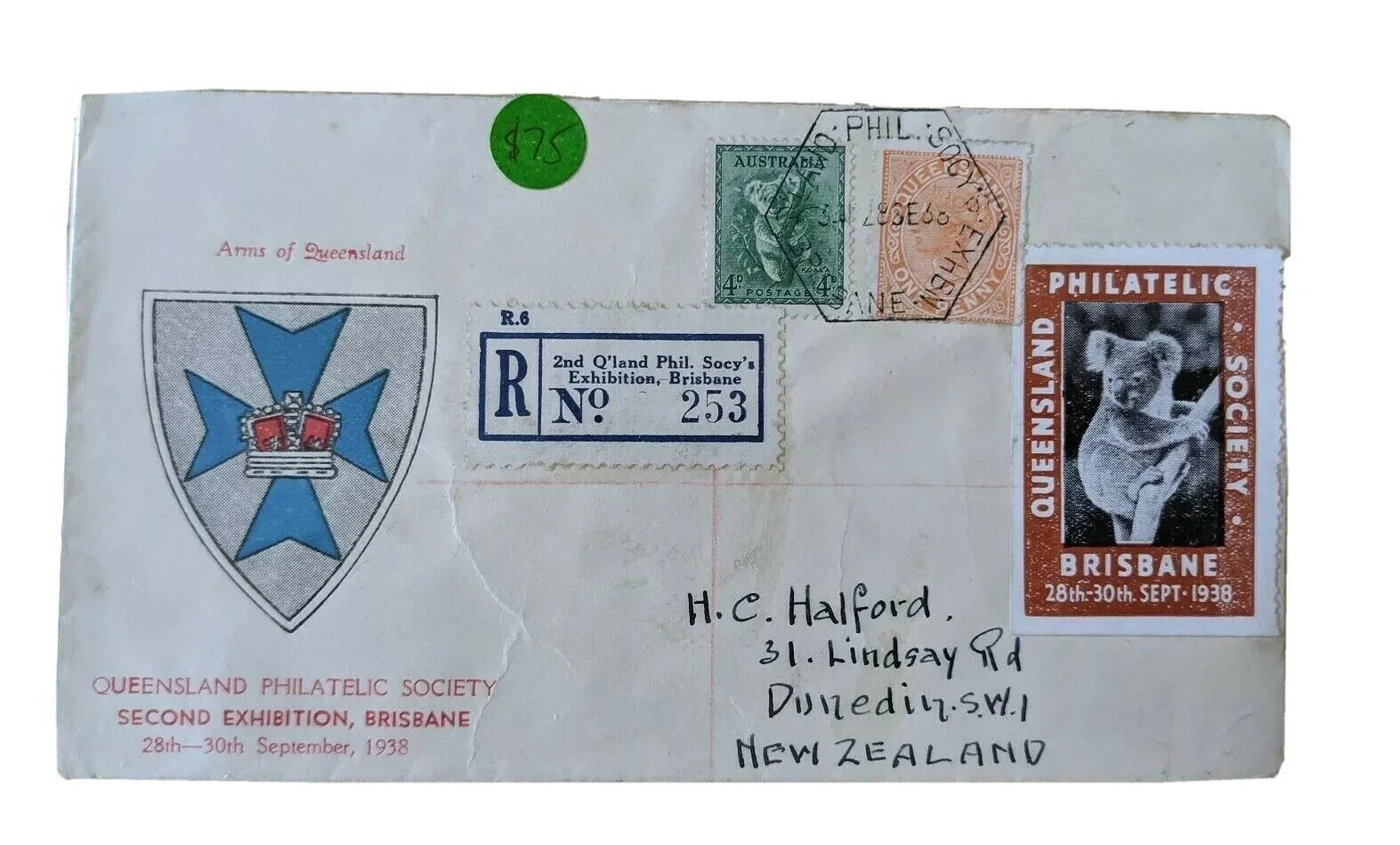 Australia 1938 Queensland Philatelic Soc with koala stamp + Cinderella Registered to NZ
