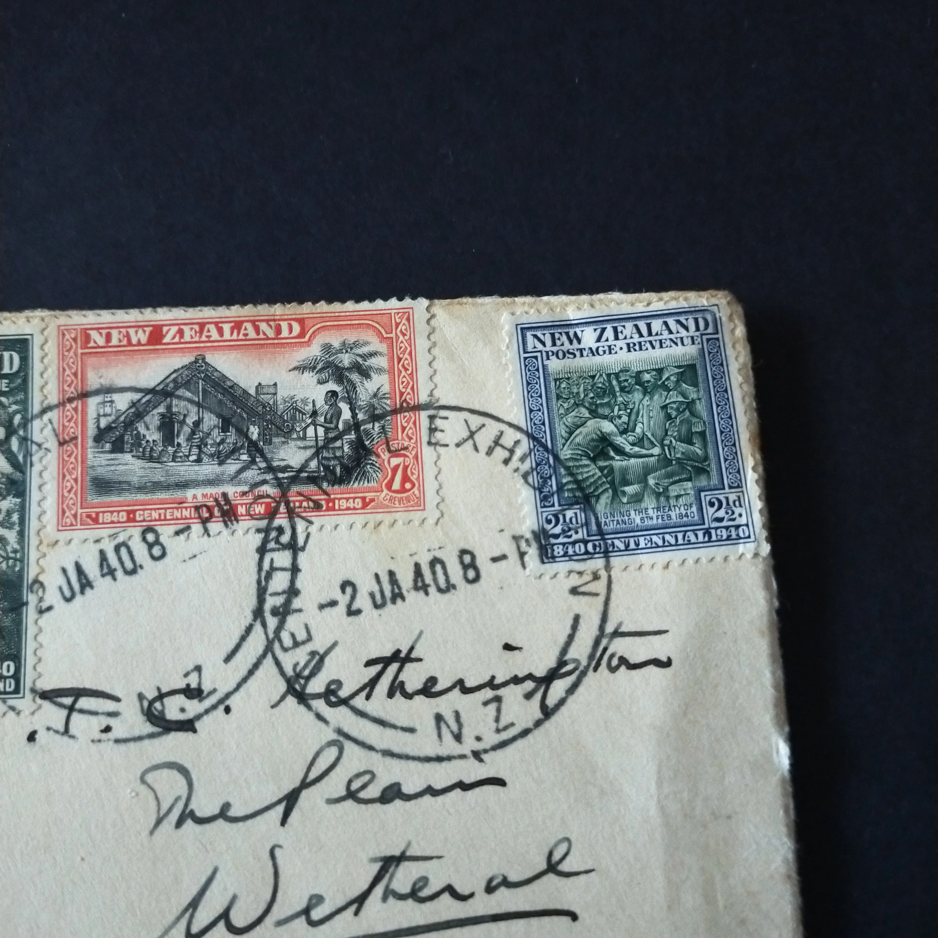 NZ New Zealand 1940 Vintage First Day Cover Commemorative Cover with complete set of stamps Centennial Exhibition Cancel To Wetheral Via Carlisle England Great Britain UK Censored - Image 3