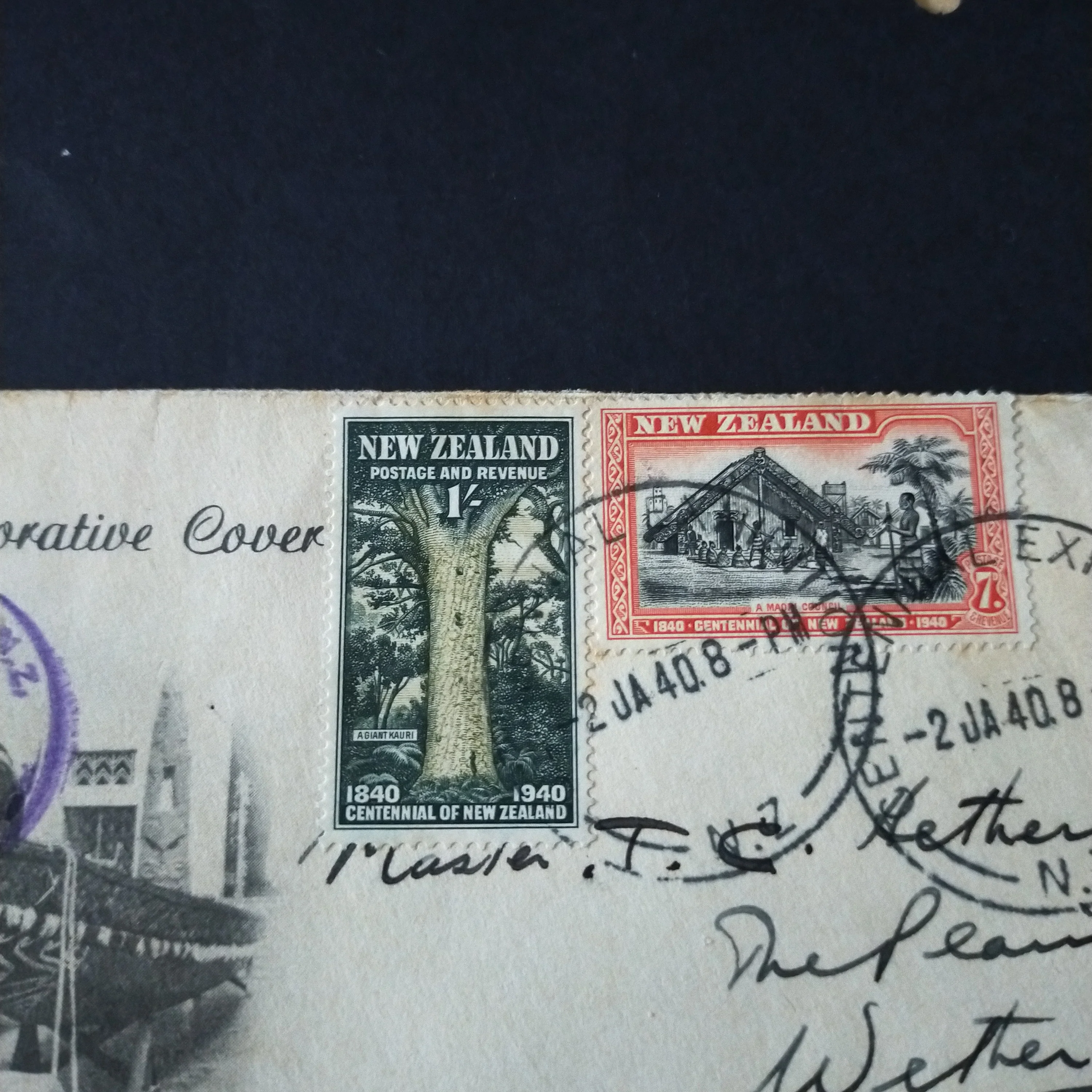 NZ New Zealand 1940 Vintage First Day Cover Commemorative Cover with complete set of stamps Centennial Exhibition Cancel To Wetheral Via Carlisle England Great Britain UK Censored - Image 4