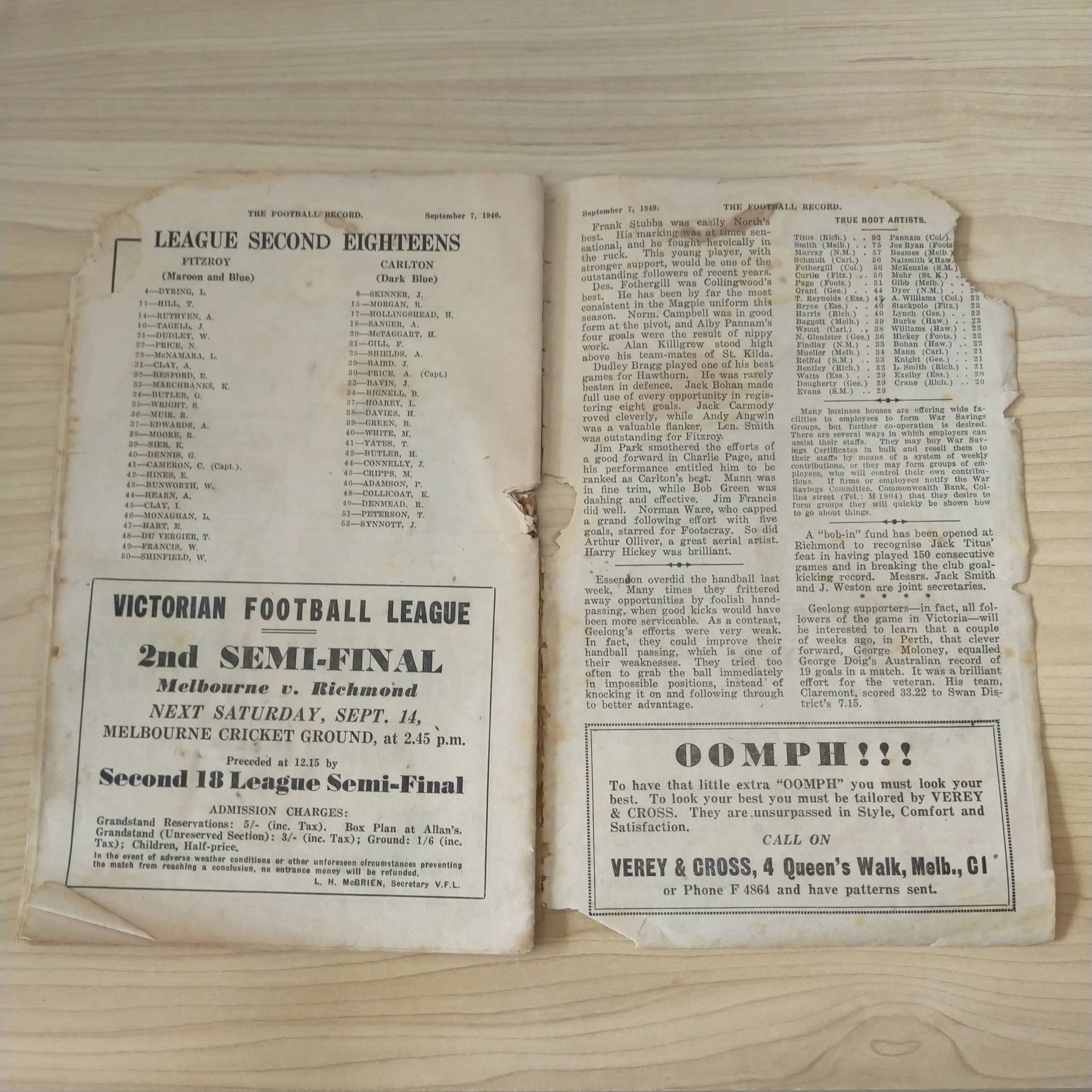 VFL 1940 September 7 First Semi Final Essendon v Geelong Football Record - Image 8