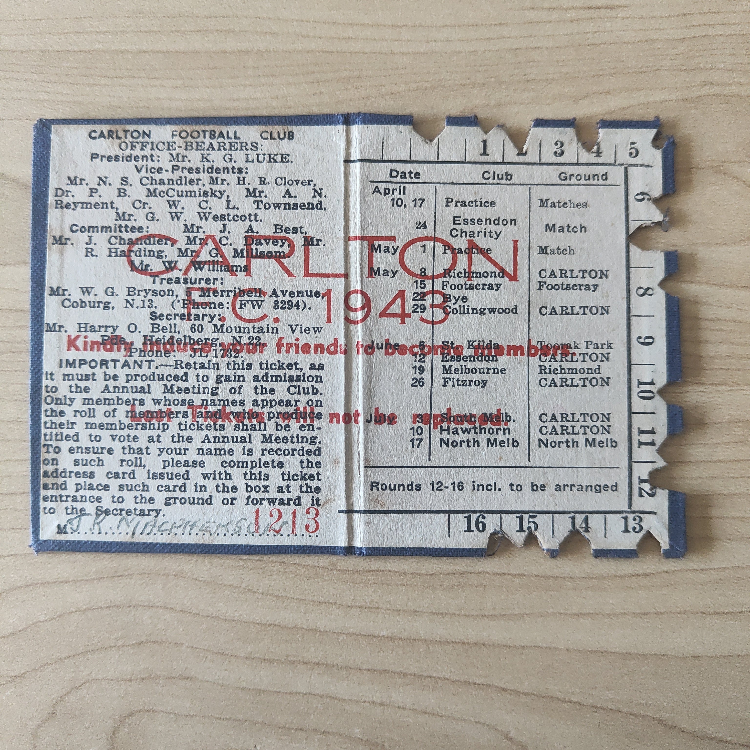 VFL 1943 Carlton Football Club Membership Season Ticket No. 1213