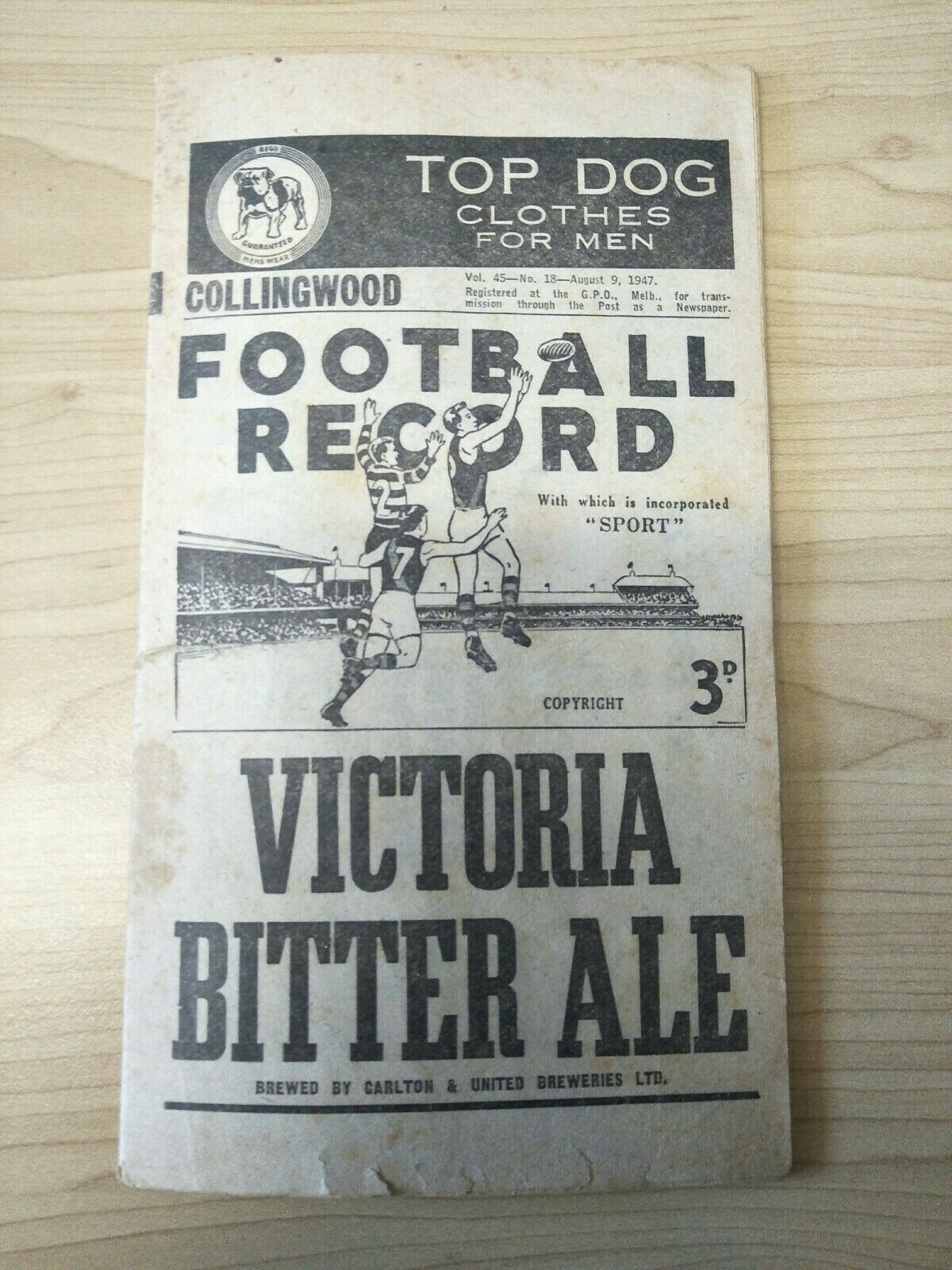 VFL 1947 August 9th. Football Record Collingwood v Melbourne
