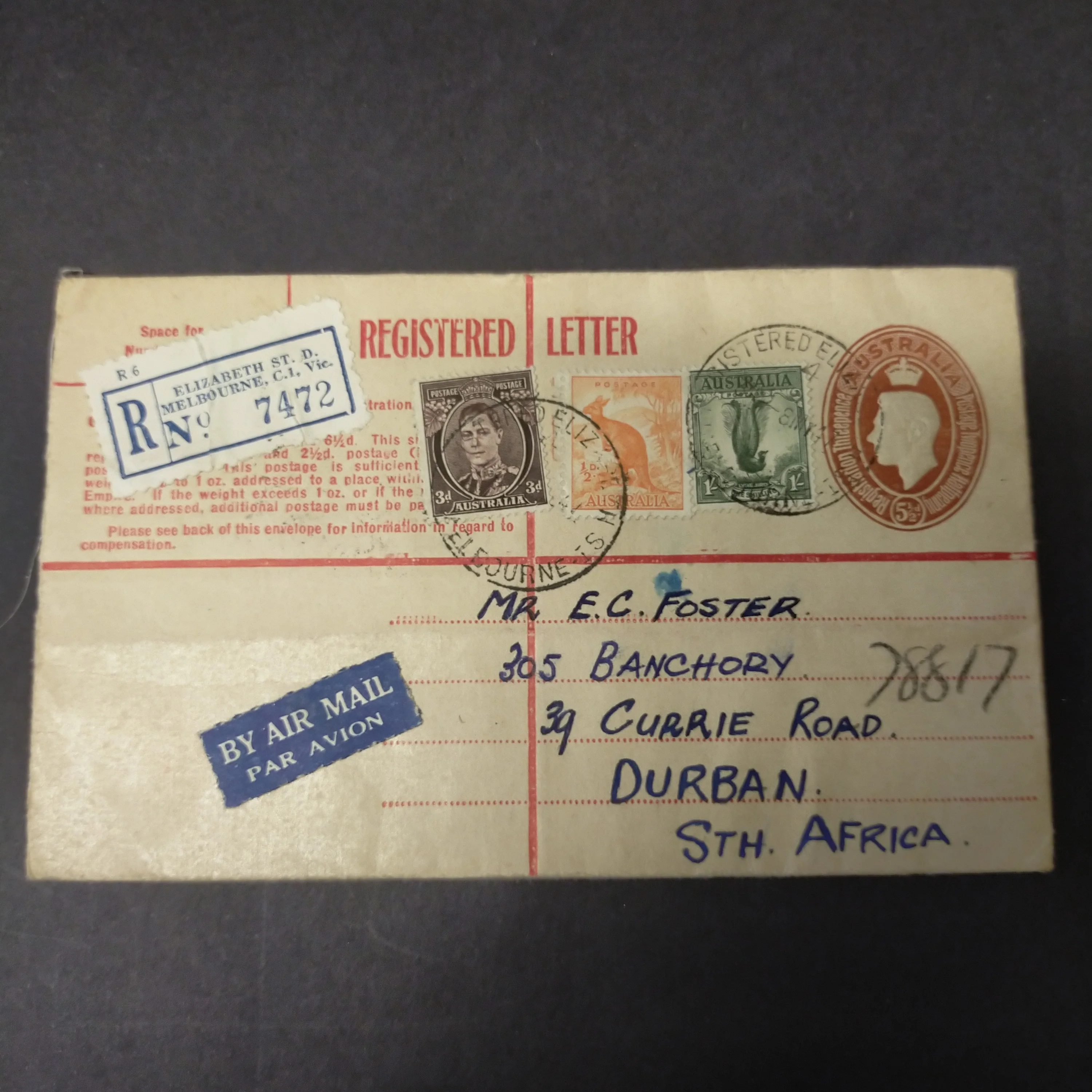 Australia 1947 Vintage Registered Envelope 5½d KGVI Oval Embossed Stamp From Elizabeth St Melbourne to Durban South Africa Airmail