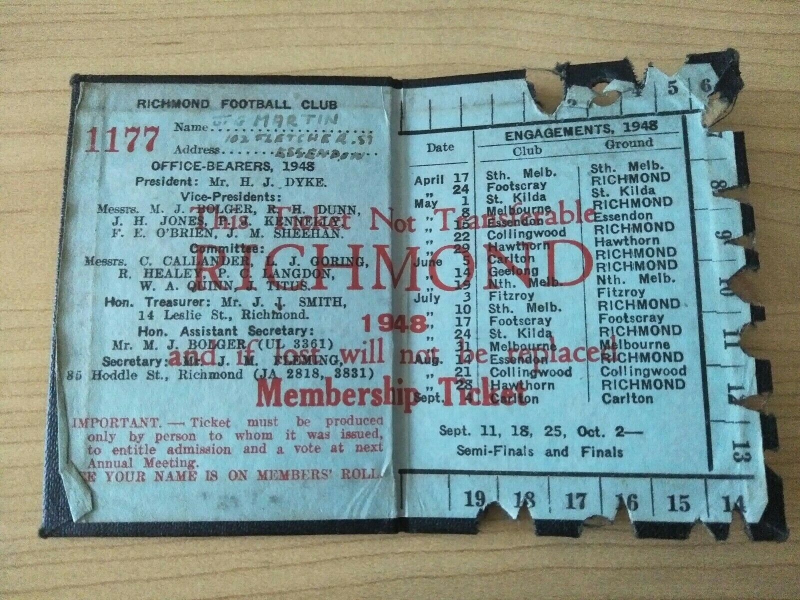 VFL 1948 Richmond Football Club Membership Season Ticket No. 1177 - Image 2