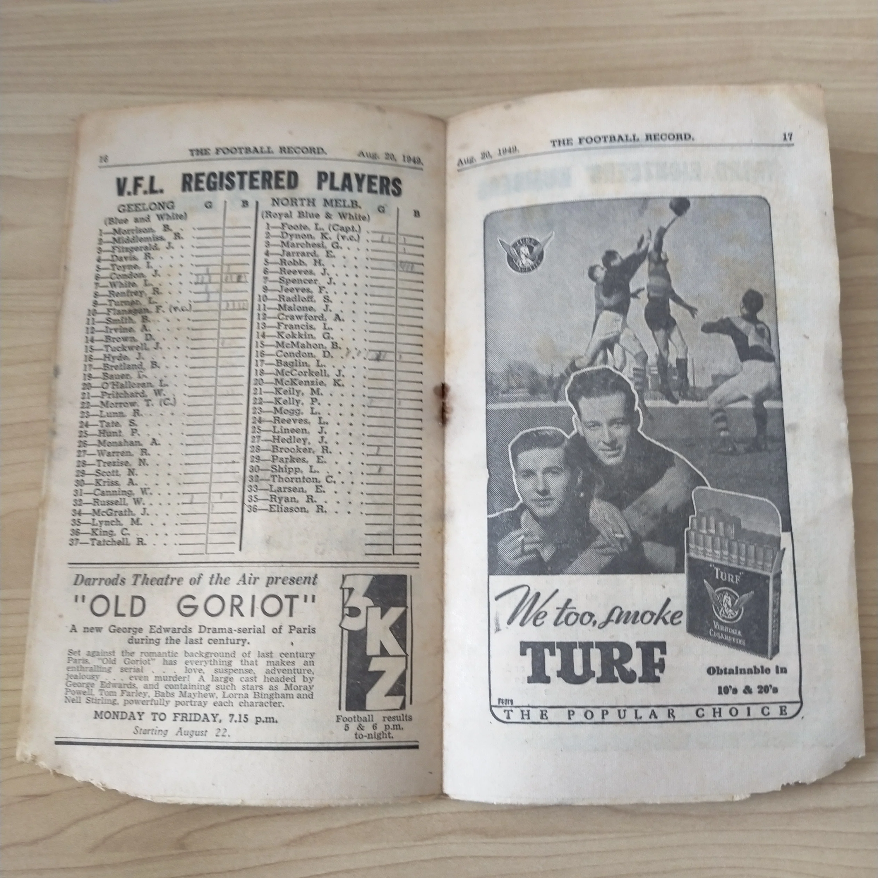 VFL 1949 August 20 Geelong v North Melbourne Football Record - Image 2