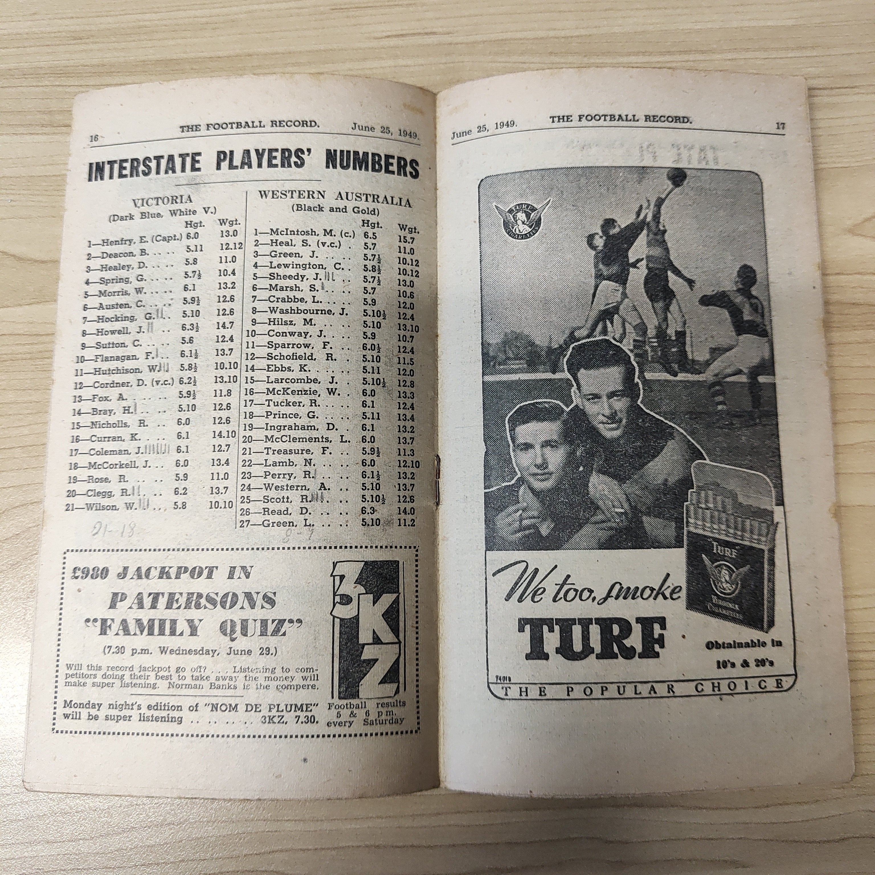 VFL 1949 June 25 Victoria v Western Australia Football Record - Image 3