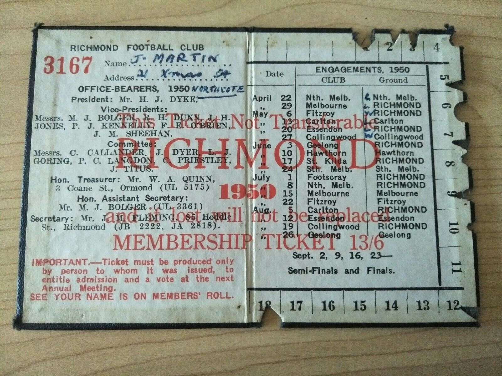 VFL 1950 Richmond Football Club Membership Season Ticket No. 3167 - Image 2