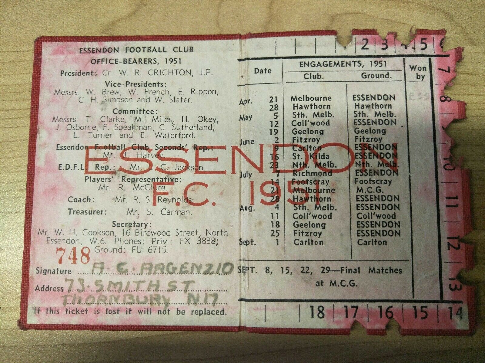 VFL 1951 Essendon Football Club Membership Season Ticket No. 748 - Image 2