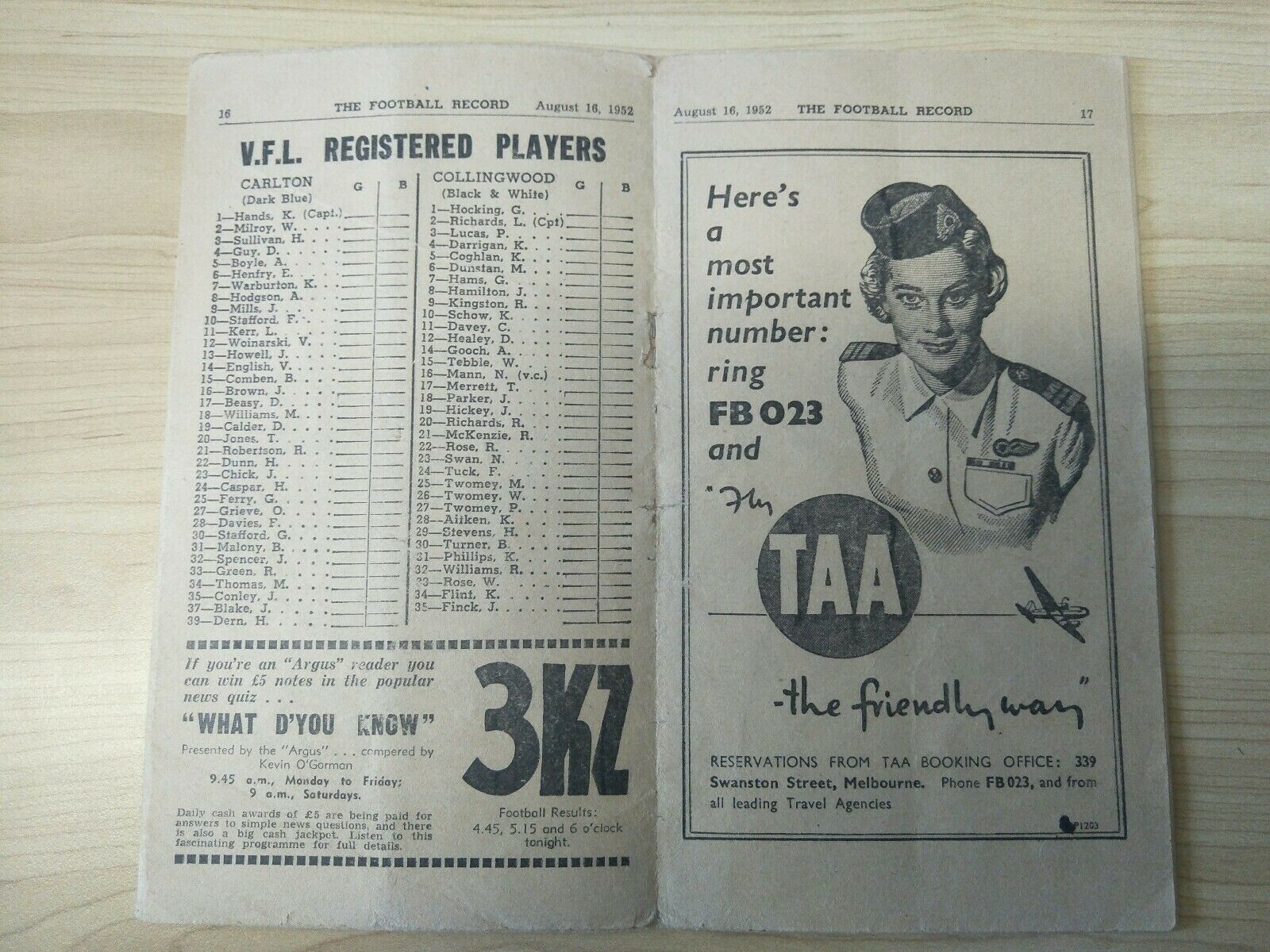 VFL 1952 August 16th Football Record Carlton v Collingwood - Image 3