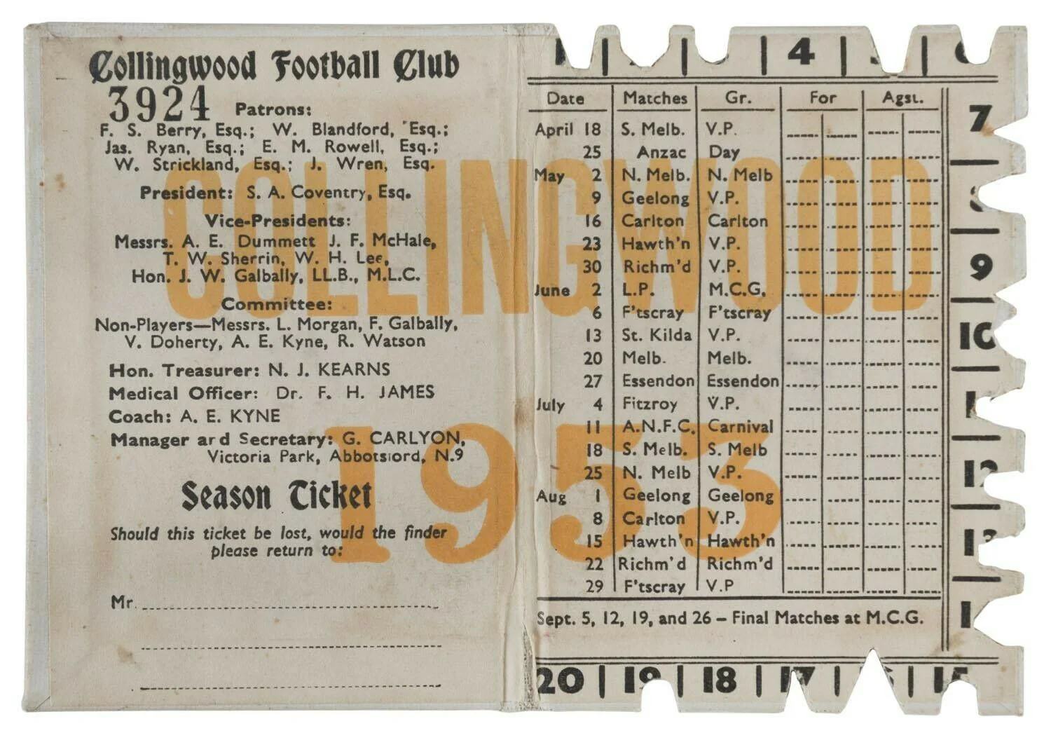 VFL 1953 Collingwood MEMBER'S Membership SEASON TICKET (PREMIERSHIP YEAR) Lovely - Image 2