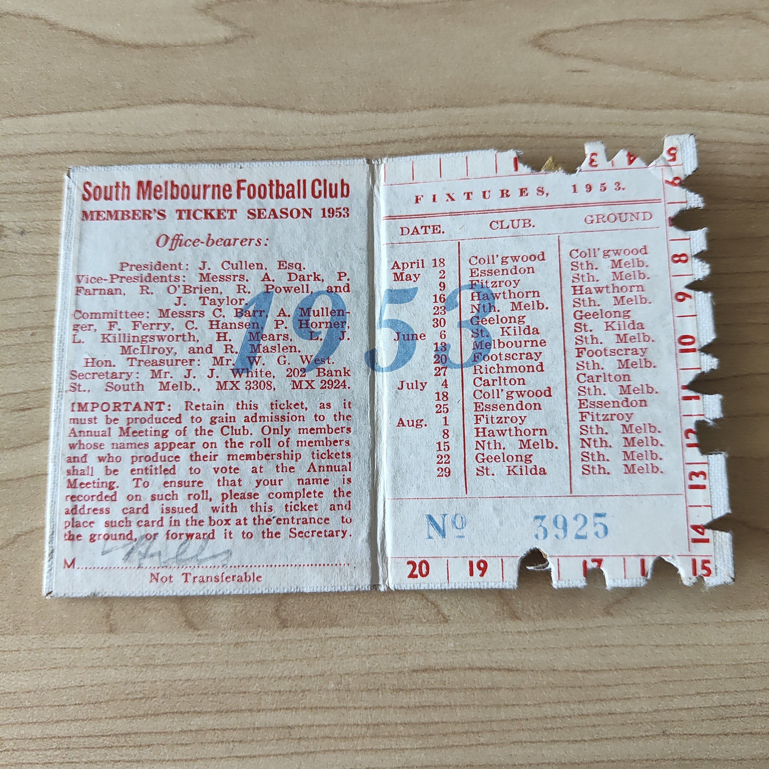 VFL 1953 South Melbourne Football Club Membership Season Ticket No. 3925 - Image 2