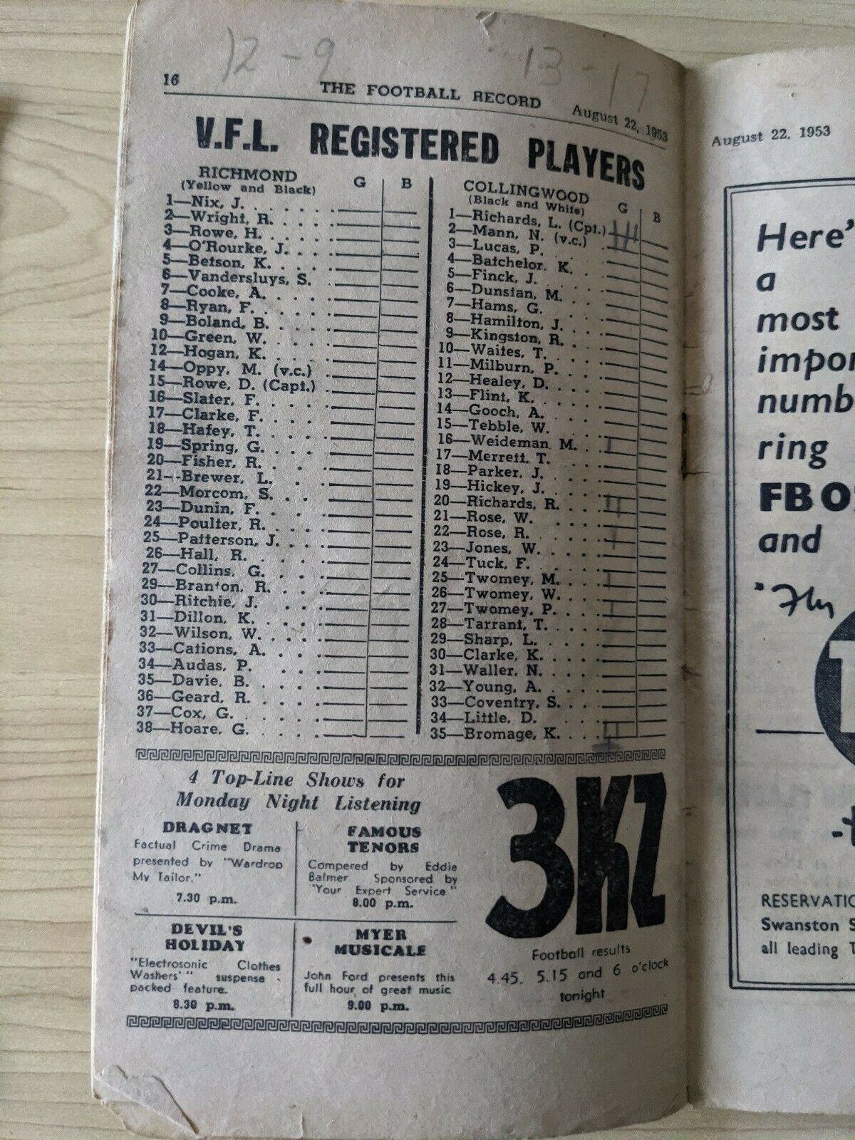 VFL 1953 Football Record Vol 40 No 19 Aug 22 Richmond vs Collingwood - Image 2