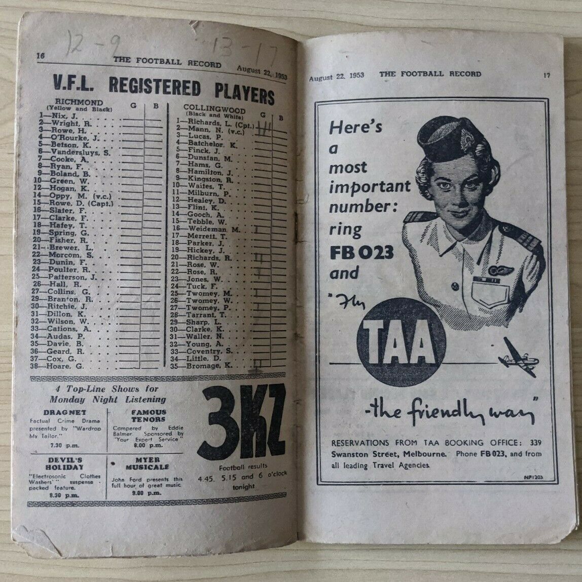 VFL 1953 Football Record Vol 40 No 19 Aug 22 Richmond vs Collingwood - Image 3
