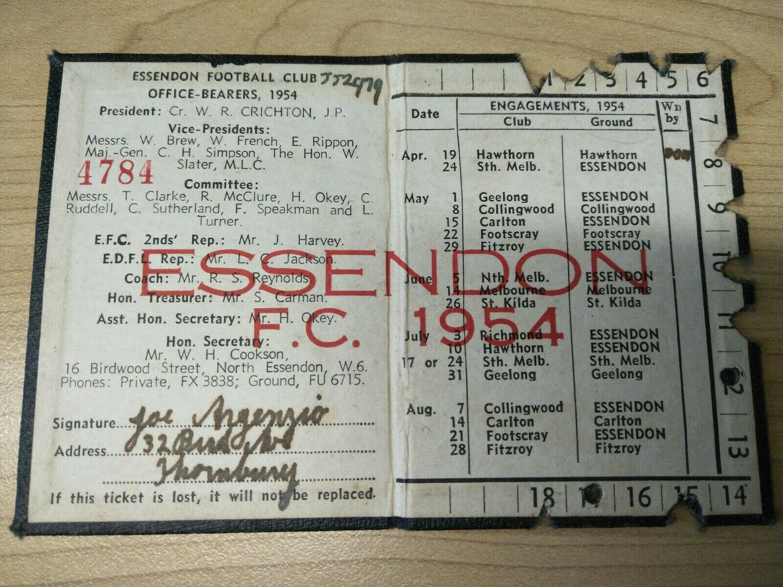 VFL 1954 Essendon Football Club Membership Season Ticket No. 4784 - Image 2