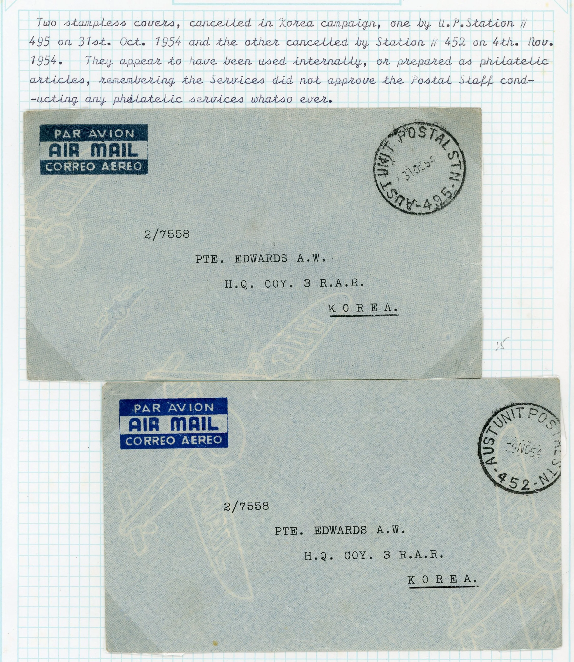 Australia Korea1954 Military Mail Australia 2 Stampless Covers Cancelled in Korea