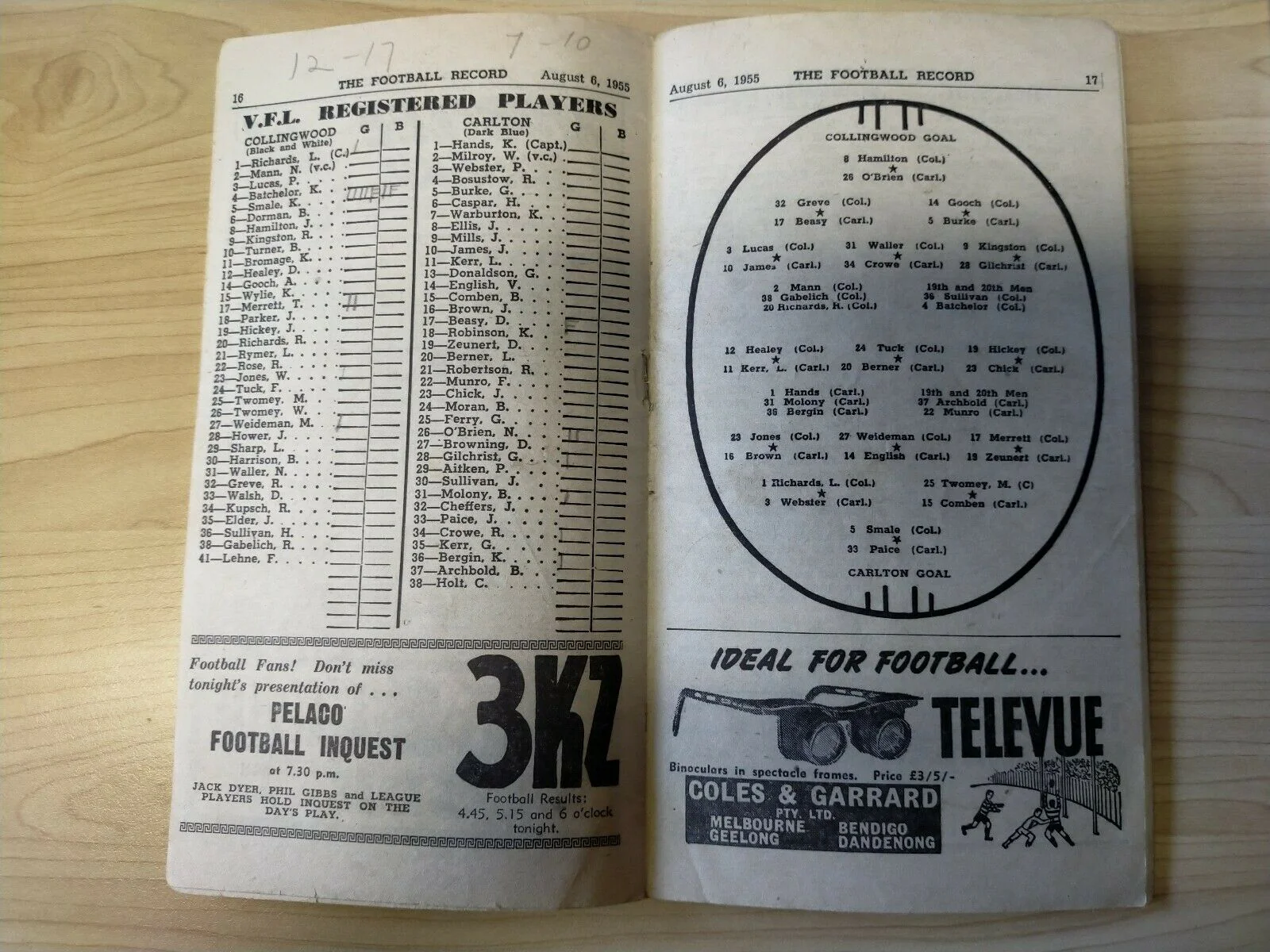 VFL 1955 August 6 Football Record Collingwood v Carlton - Image 2