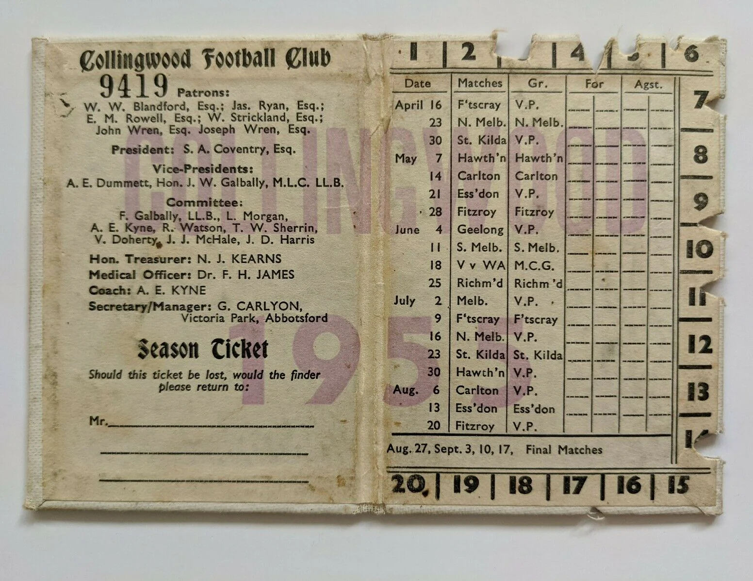 VFL 1955 Collingwood Football Club Season Members Ticket No. 9419 - Image 2