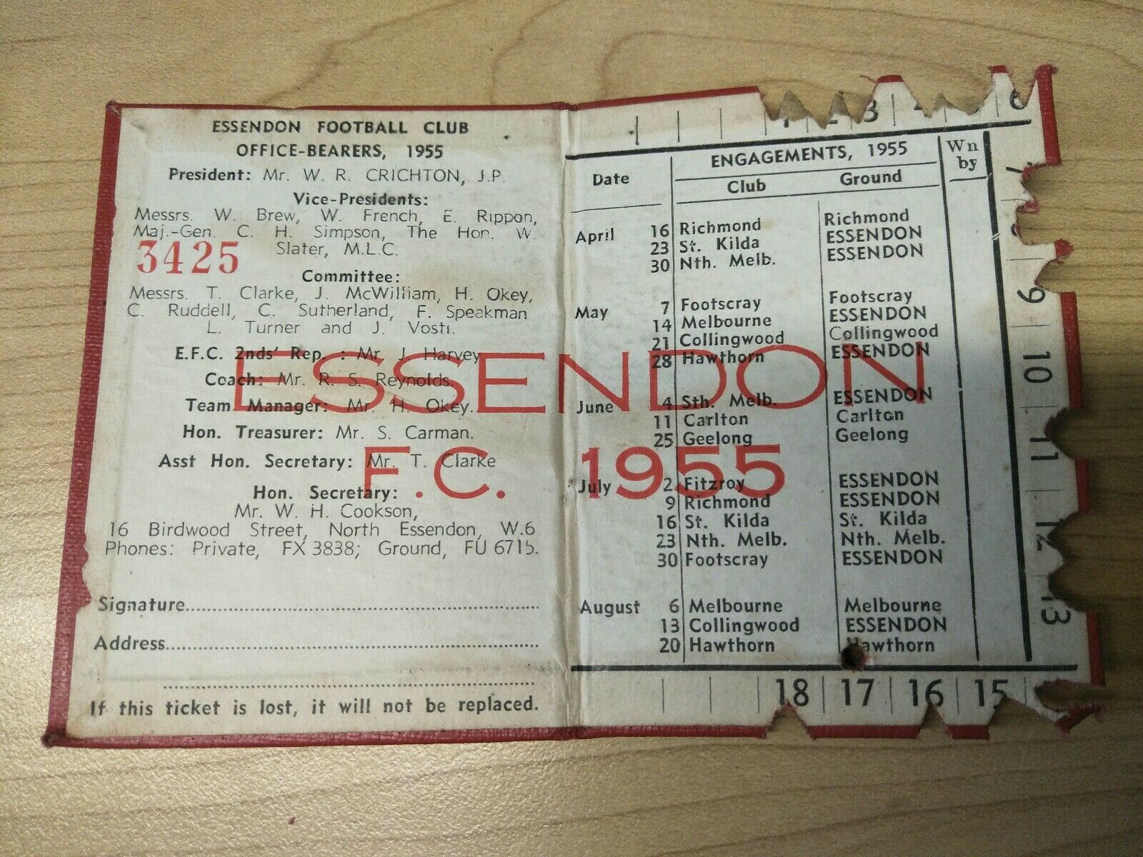 VFL 1955 Essendon Football Club Membership Season Ticket No. 3425 - Image 2