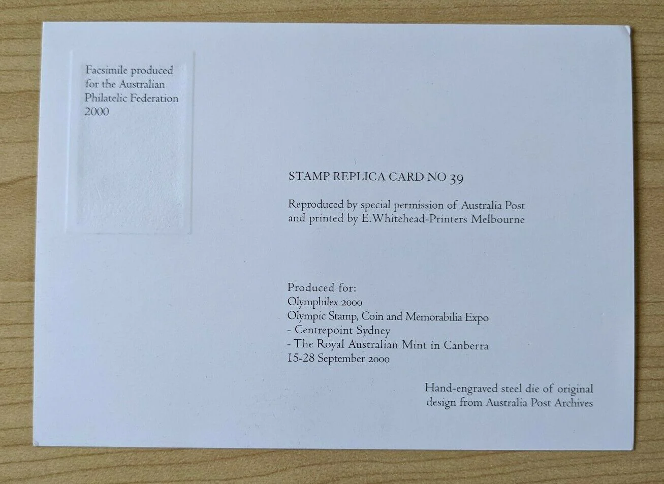 Australia 1956 Melbourne Olympics Stamp Replica die proof Card 39 7½d Olympic Torch Stamp - Image 2