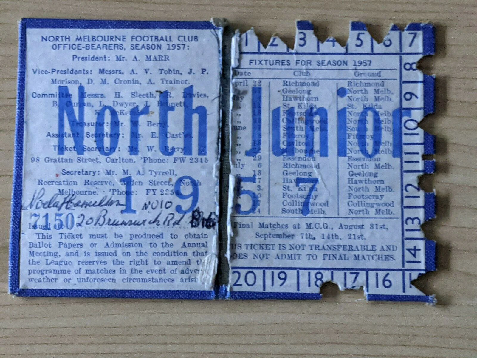 VFL 1957 North Melbourne Kangaroos Junior Season Members Ticket - Image 2